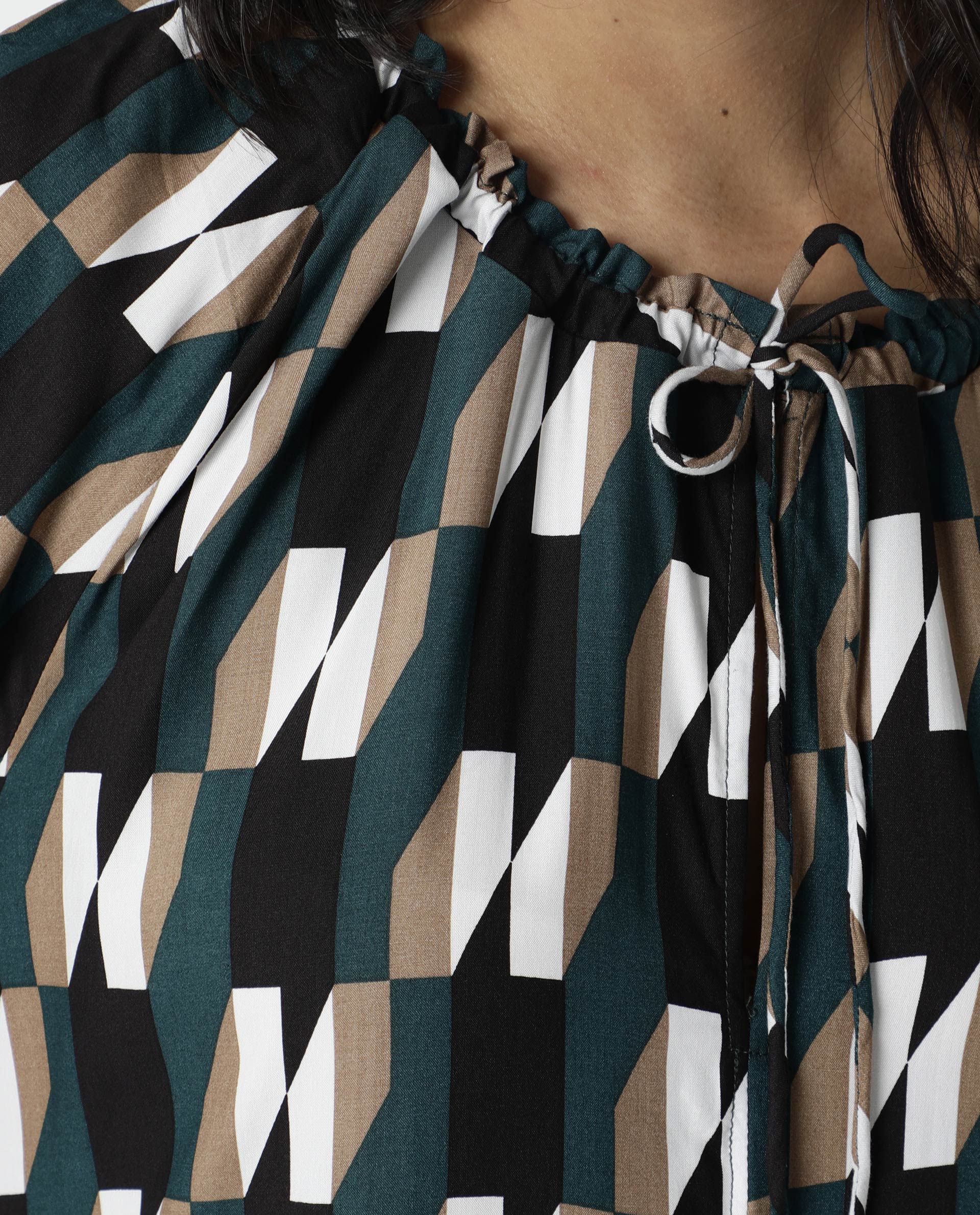 Rareism Womens Matan Green Dress Knee Length Boxy Fit Collar Neck Cotton Silk Fabric