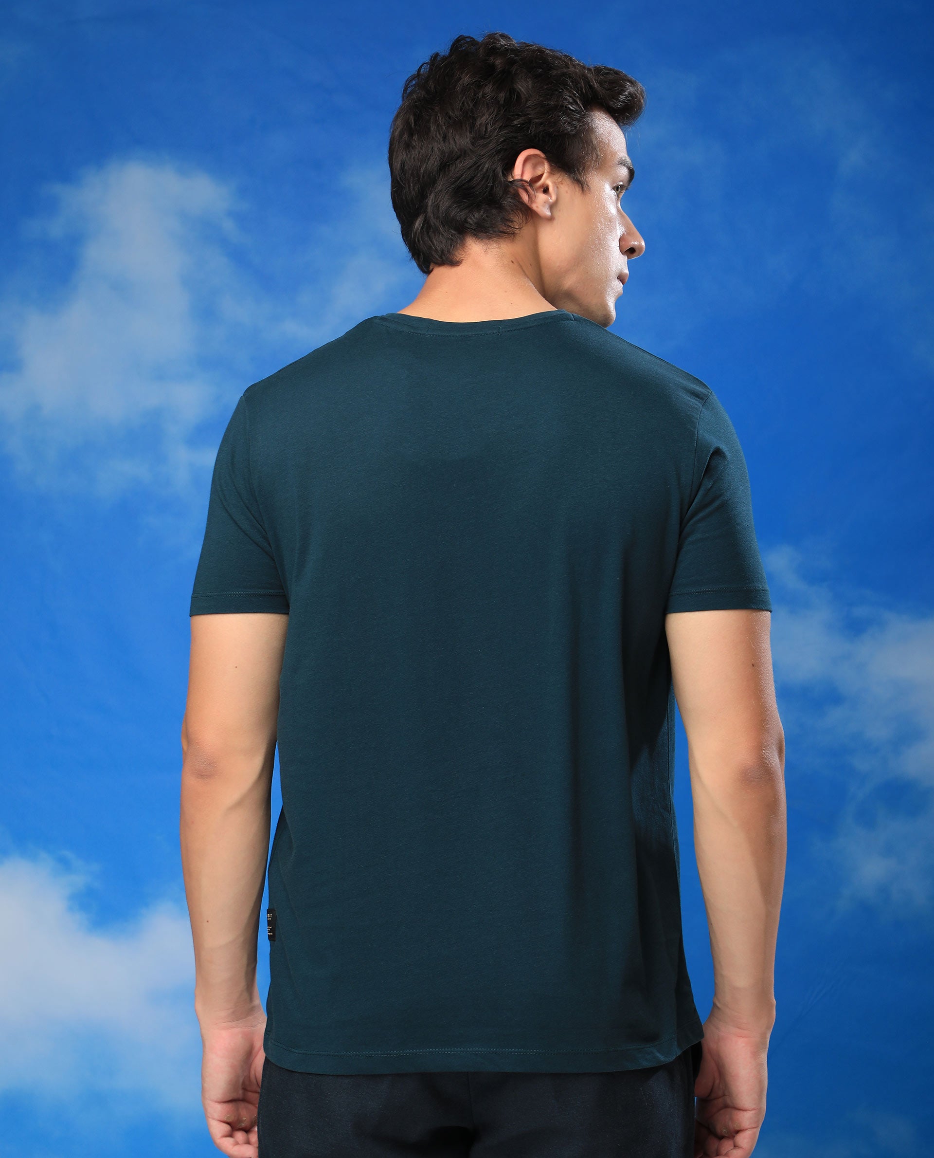 Rare Rabbit Men's Glams Green Crew Neck Abstract Graphic Logo Printed T-Shirt