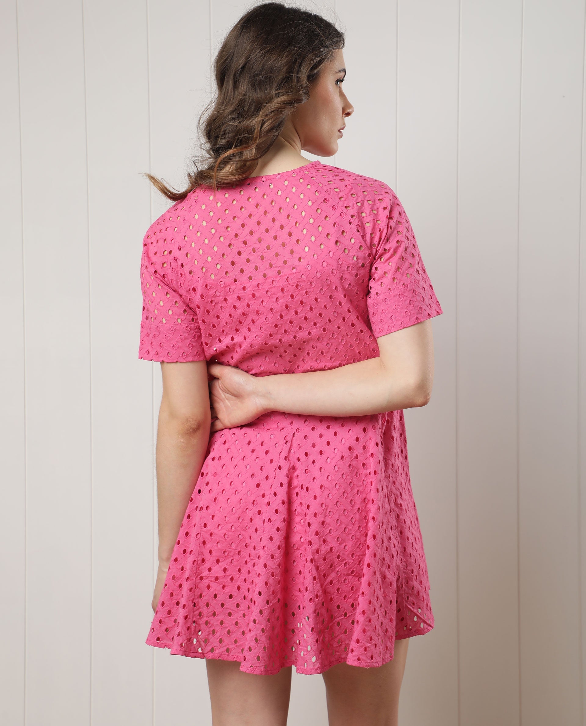 Rareism Women Bex Fluorescent Pink Schiffli Round Tie Up Neck With Short Sleeves And Elastic Belt At Waist Mini Dress