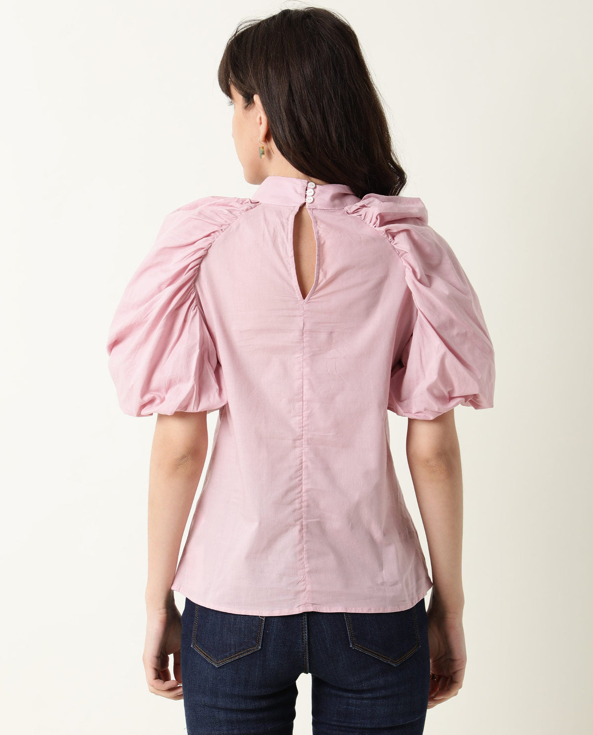 Rareism Womens Bobby Pink Top Cotton Fabric Half Sleeve High Neck