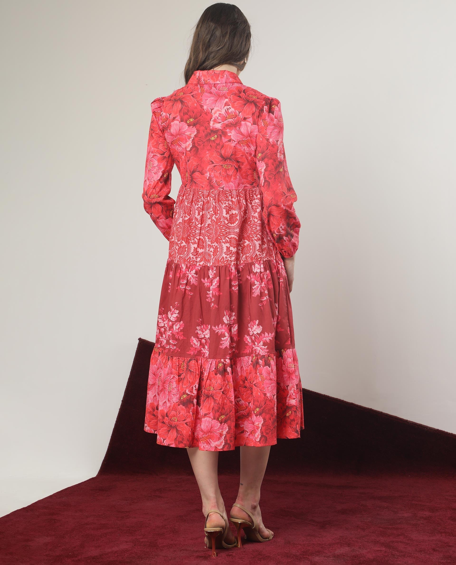 Rareism Women Ixora Maroon Cotton Fabric Full Sleeves Button Closure Shirt Collar Regular Fit Floral Print Knee Length Tiered Dress