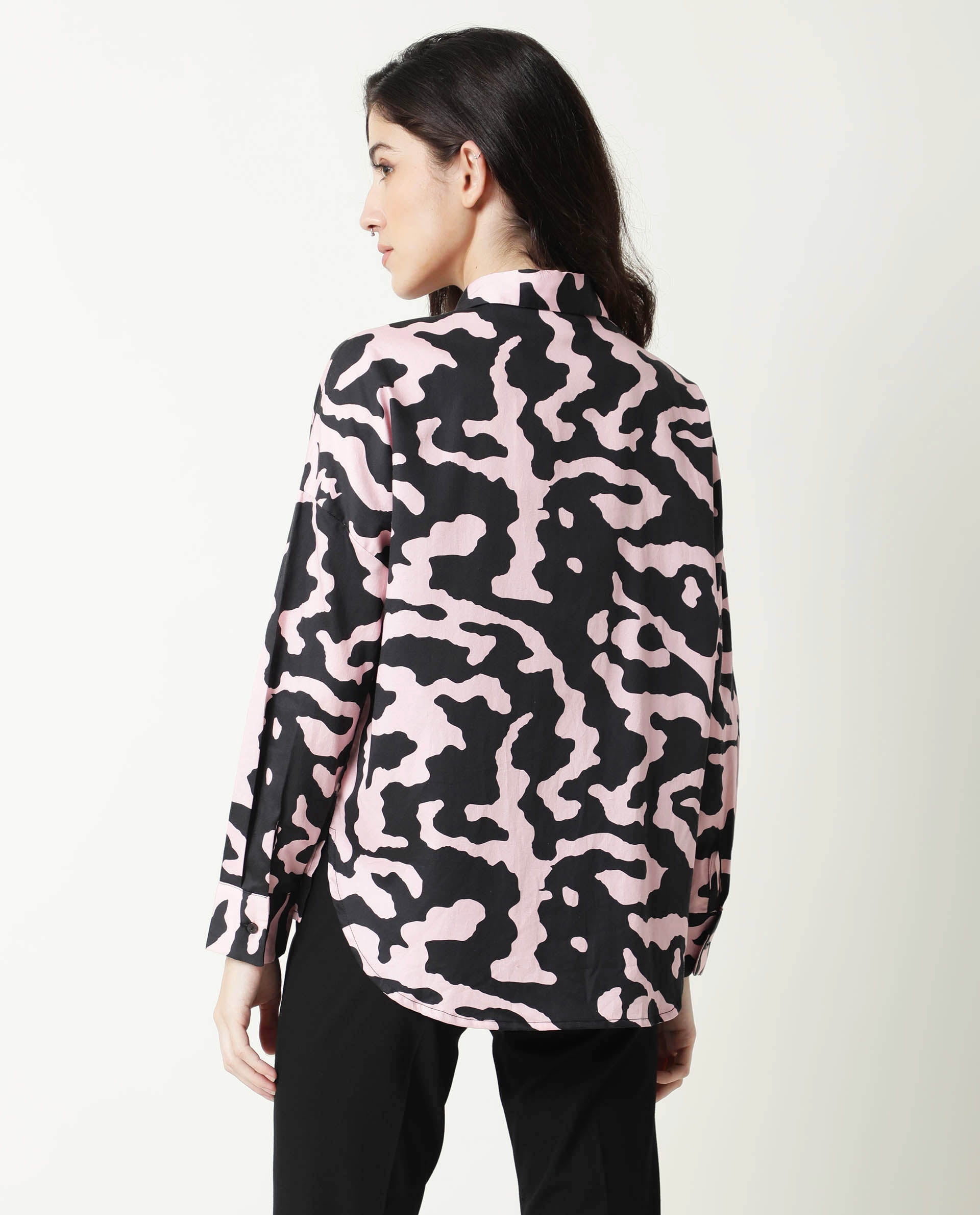 Rareism Women Revolt Black Cotton Linen Fabric Regular Fit Collarless Full Sleeves Abstract Print Top