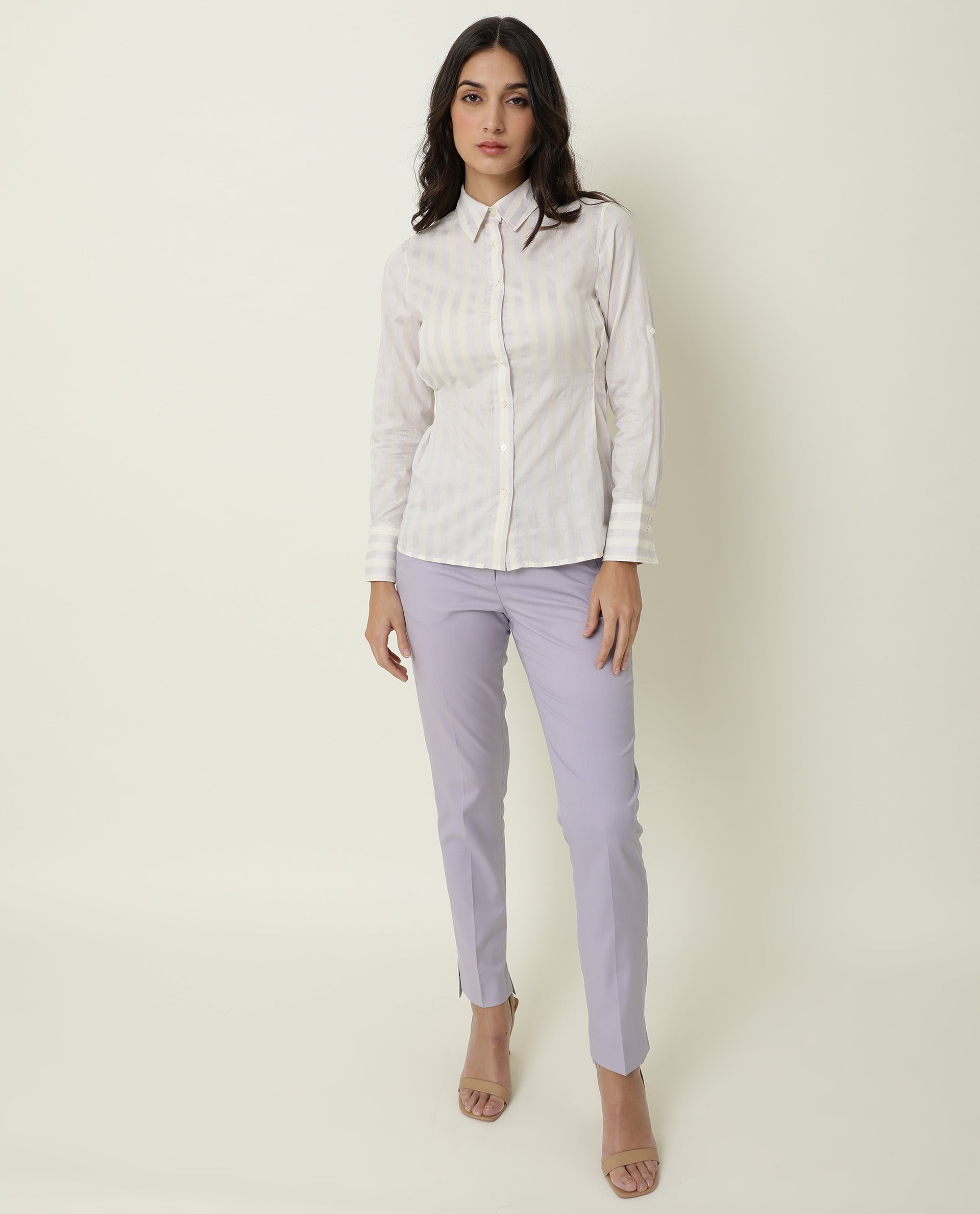 Rareism Women Pickle Yellow Cotton Fabric Regular Fit Shirt Collar Full Sleeves Striped Top