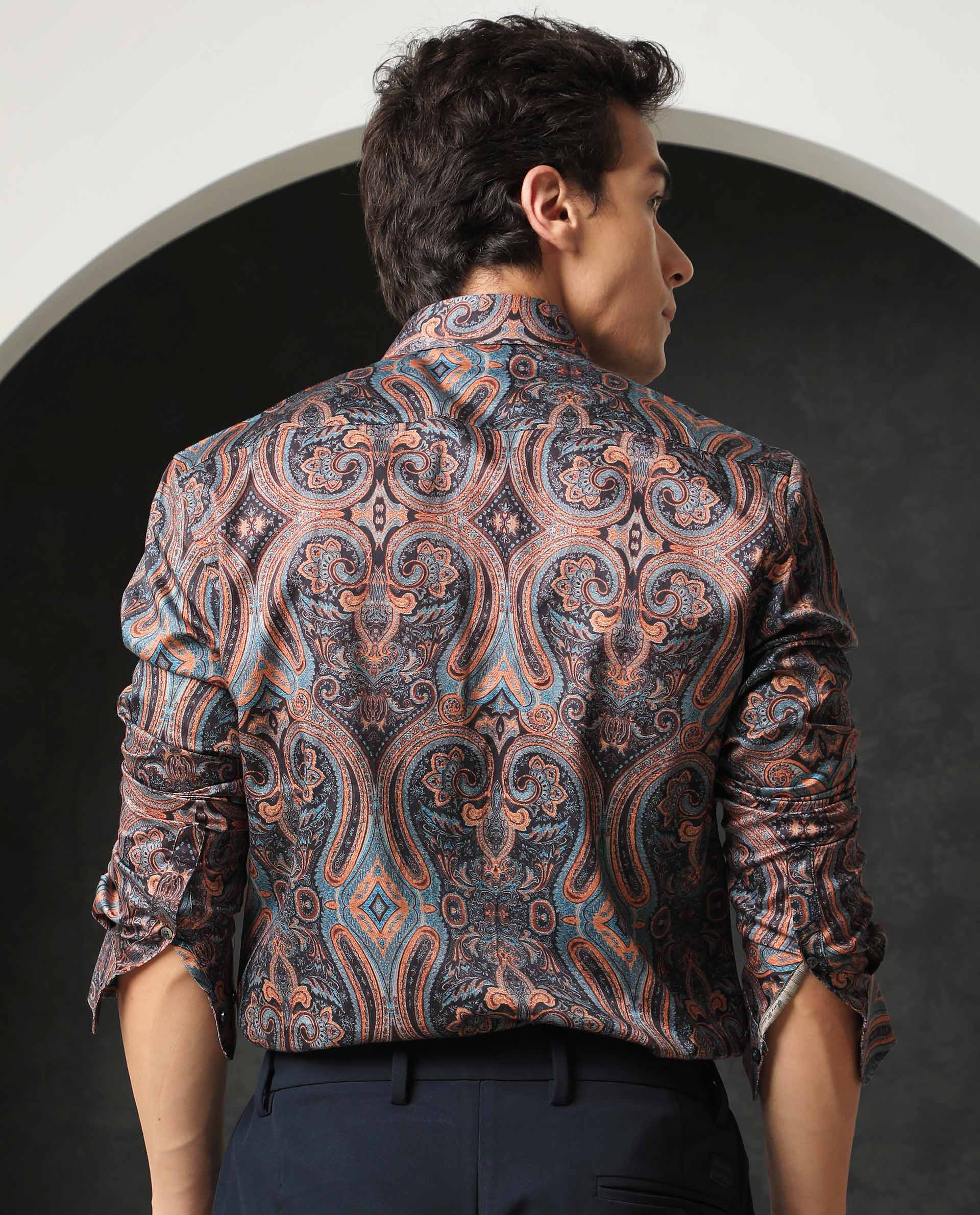 Rare Rabbit Men's Mergers Navy Cotton Fabric Full Sleeves Paisley Print Shirt