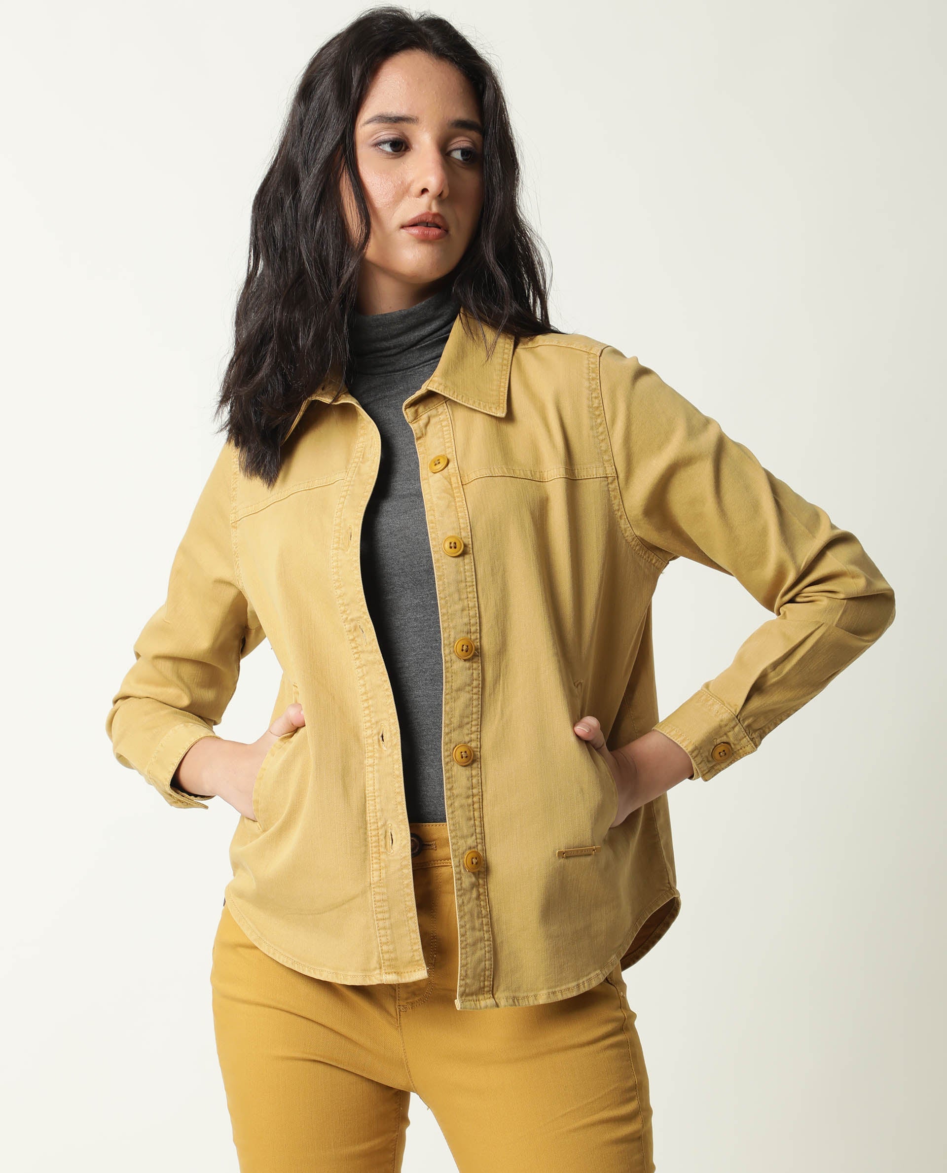 Rareism Women Mission Mustard Cotton Lycra Fabric Full Sleeves Solid Shirt Collar Jacket