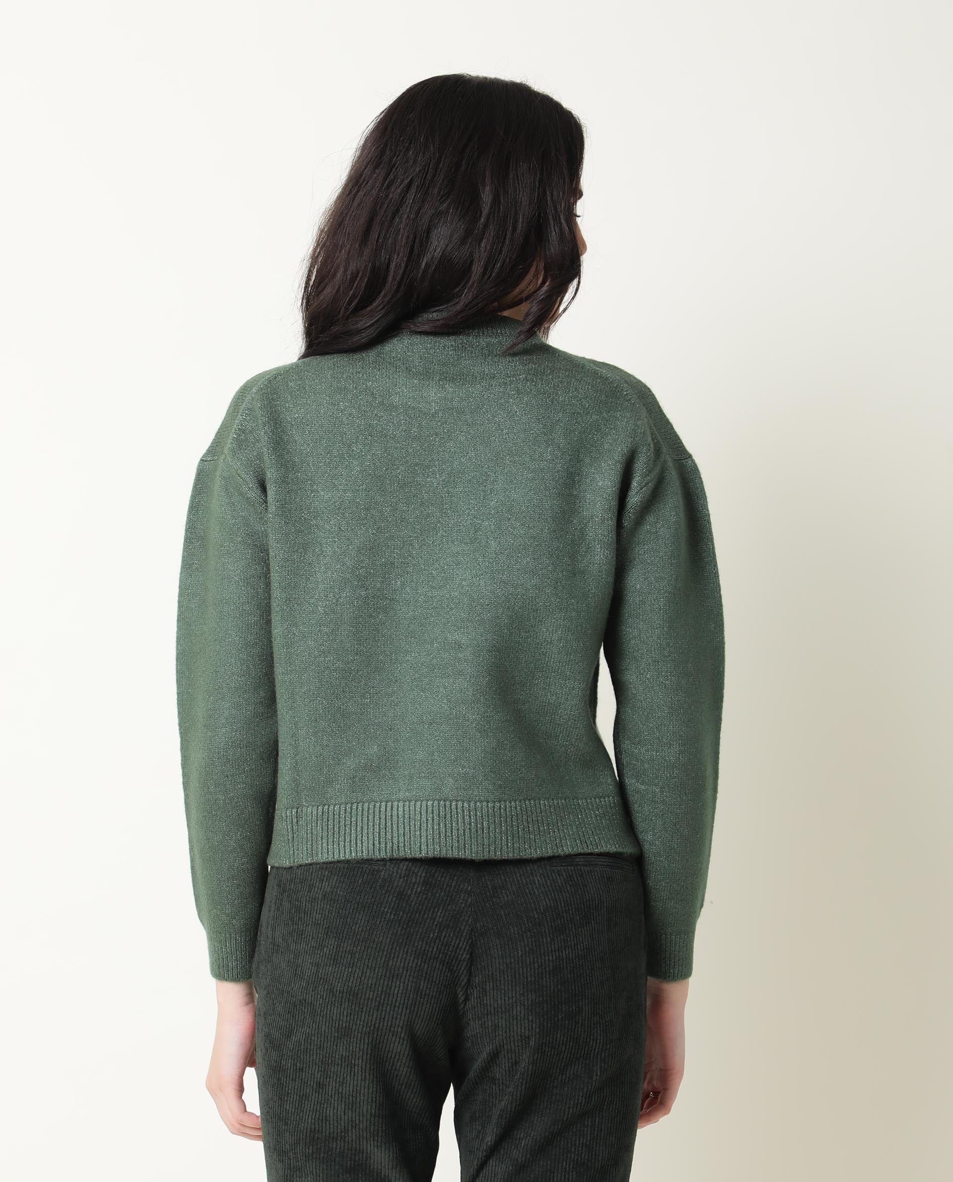 Rareism Women Tulsy Olive Acrylic Fabric Full Sleeves Knee Length Regular Fit Sequined Round Neck Sweater