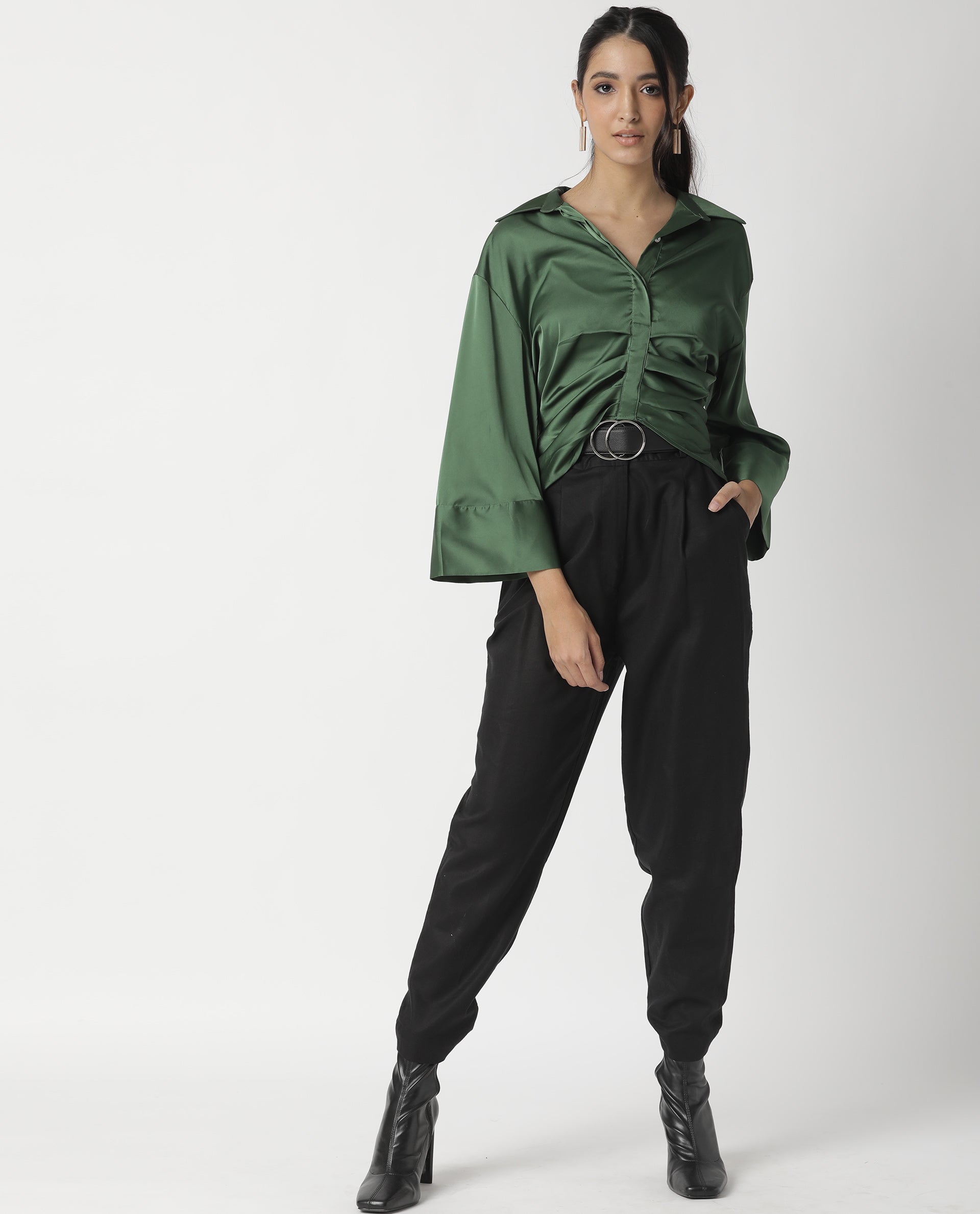 Rareism Womens Zomat Green Top Modal Fabric Regular Fit Bell Sleeves Collared Neck