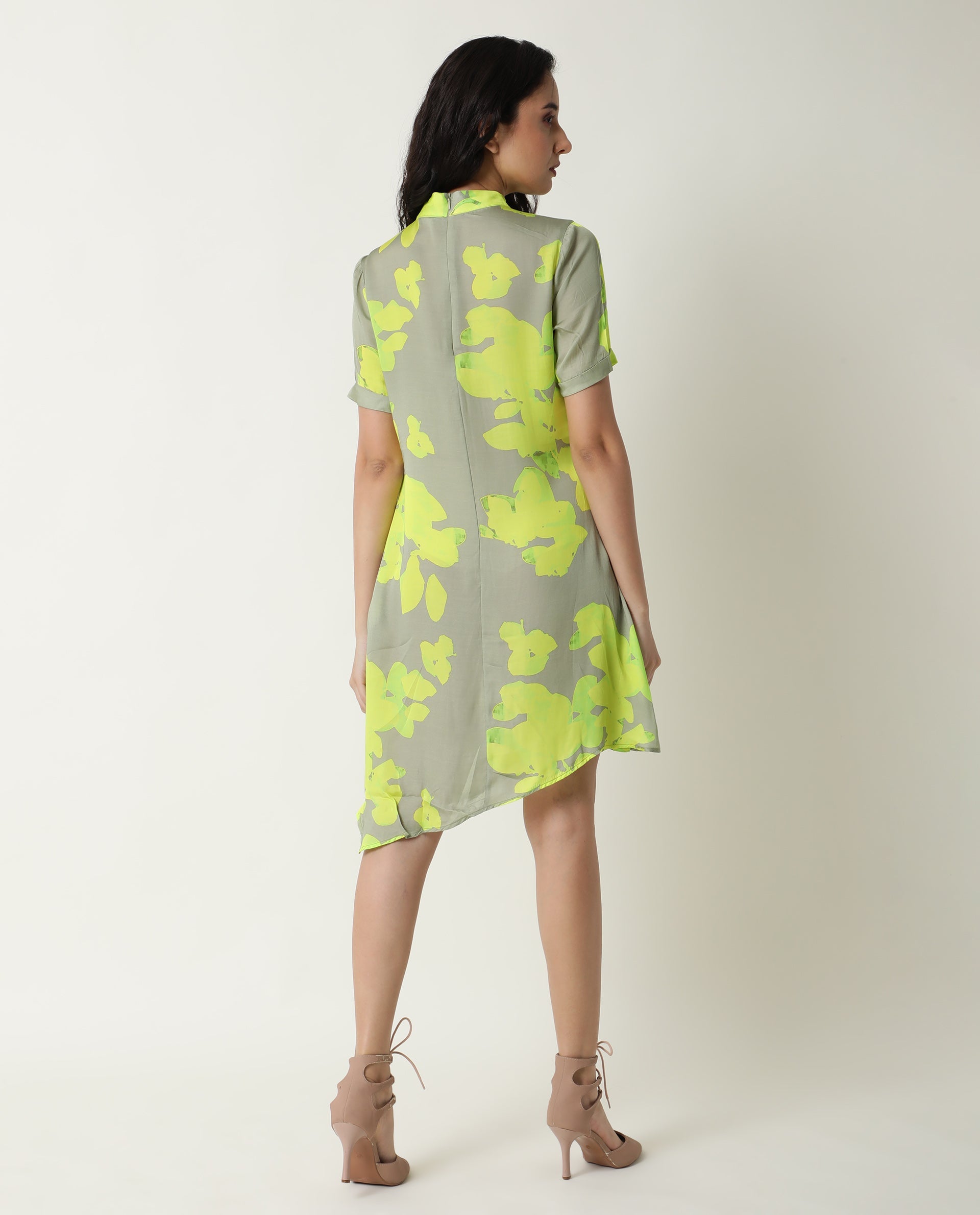 Rareism Women Sprite Yellow Floral Print Band Neck Short Sleeves With Pockets Asymmetric Hem Knee Length Dress