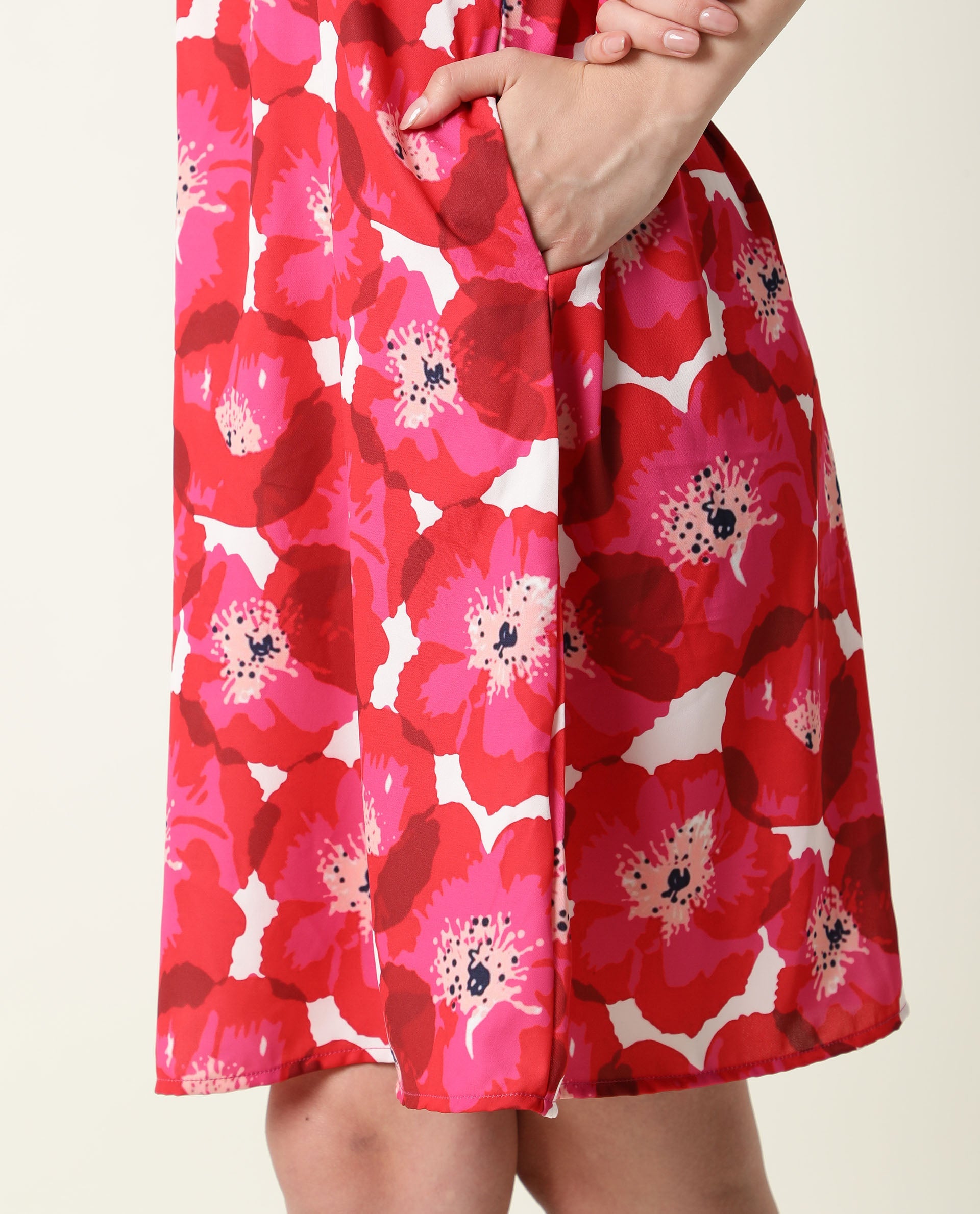 Rareism Women Oasis Red Floral Print Gathered Halter Neck Sleeveless With Pockets Knee Length Dress