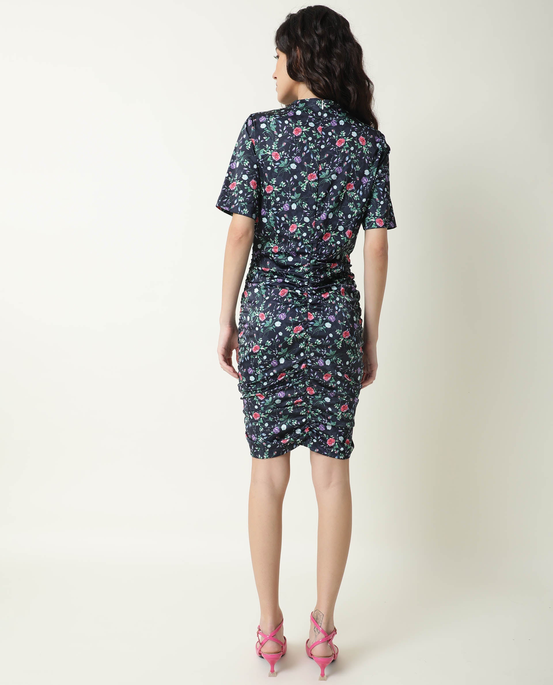 Rareism Women John Navy Floral Print High Neck Short Sleeves Ruching At Sides And Back With Back Zip Closure Mini Dress