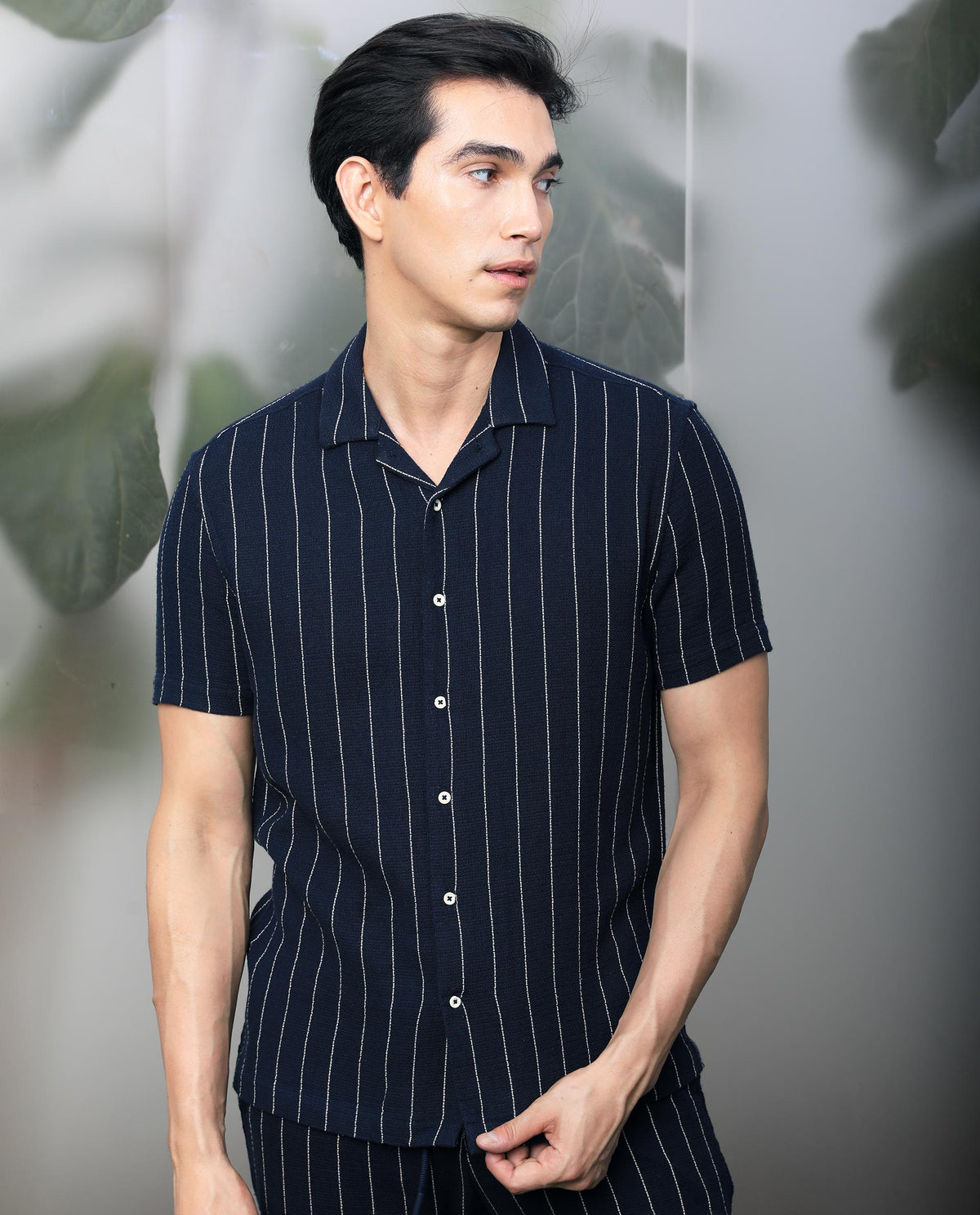 Rare Rabbit Men's Nano Navy Cotton Fabric Cuban Collar Half Sleeves Loosely Knit Stripe Shirt