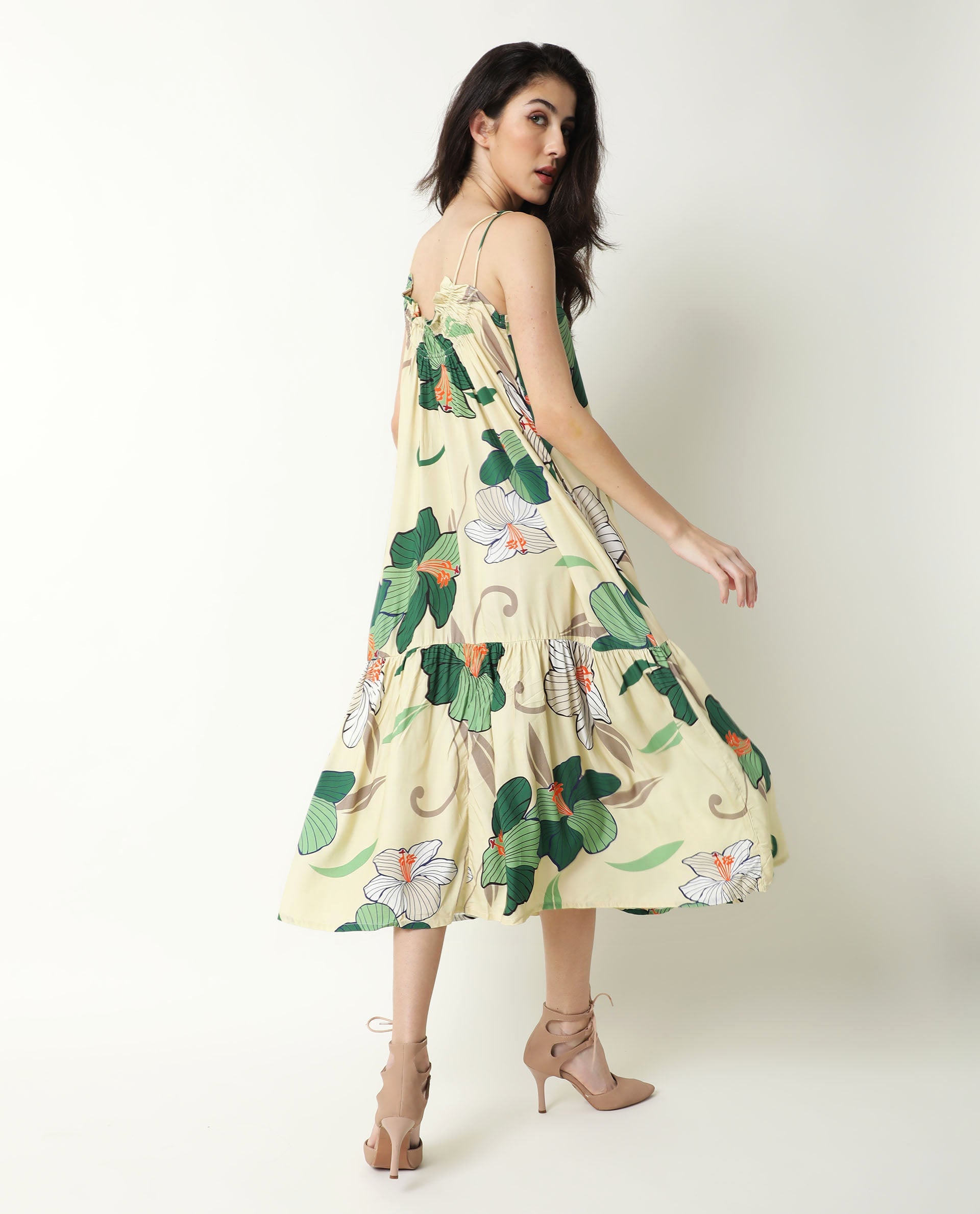 Rareism Women Etana Off White Deep U Neck With Double Spaghetti Straps And Pockets Midi Dress