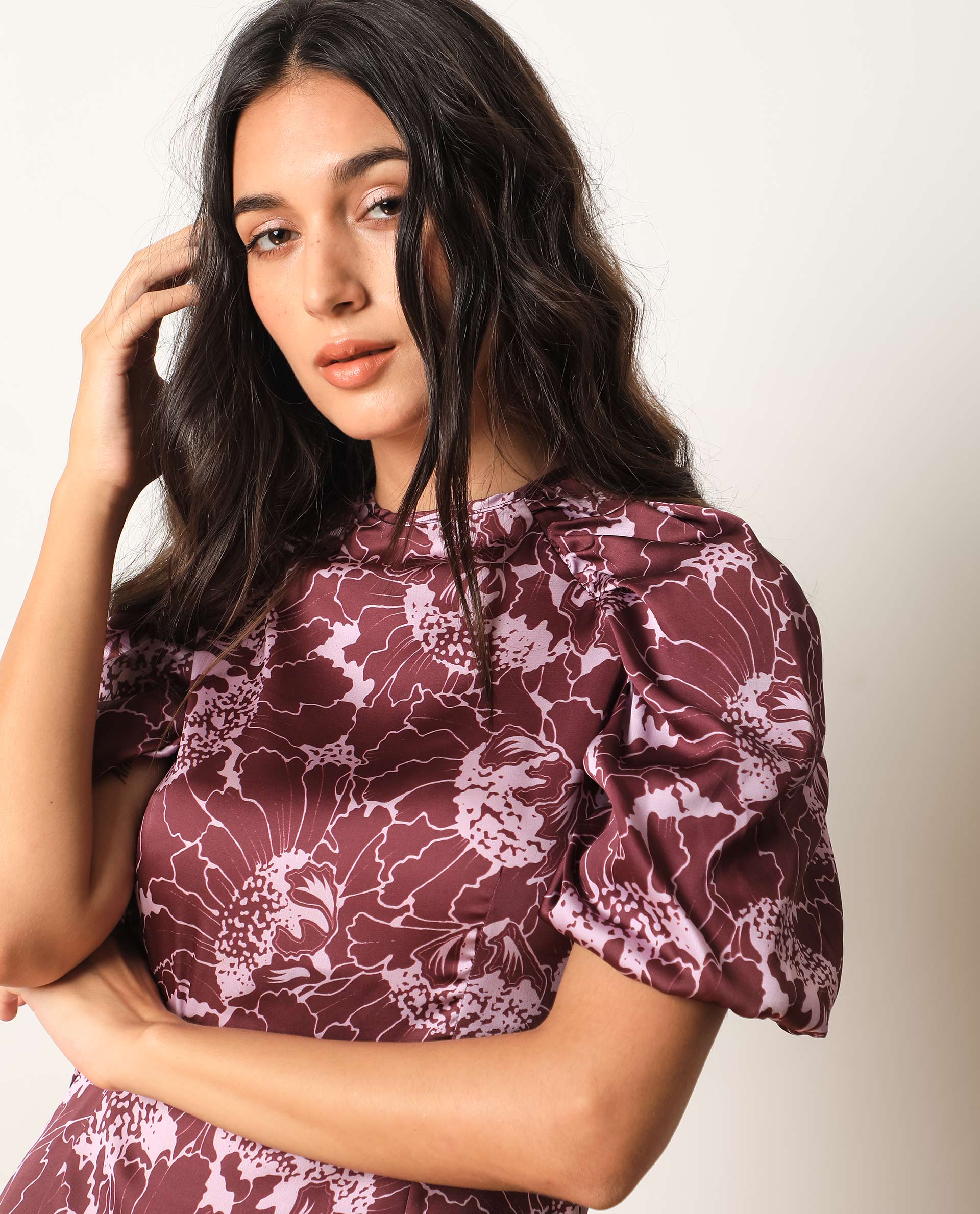 Rareism Women Christie Dark Maroon Polyester Fabric Short Sleeves Zip Closure Round Neck Puff Sleeve Slim Fit Floral Print Short Asymmetric Dress