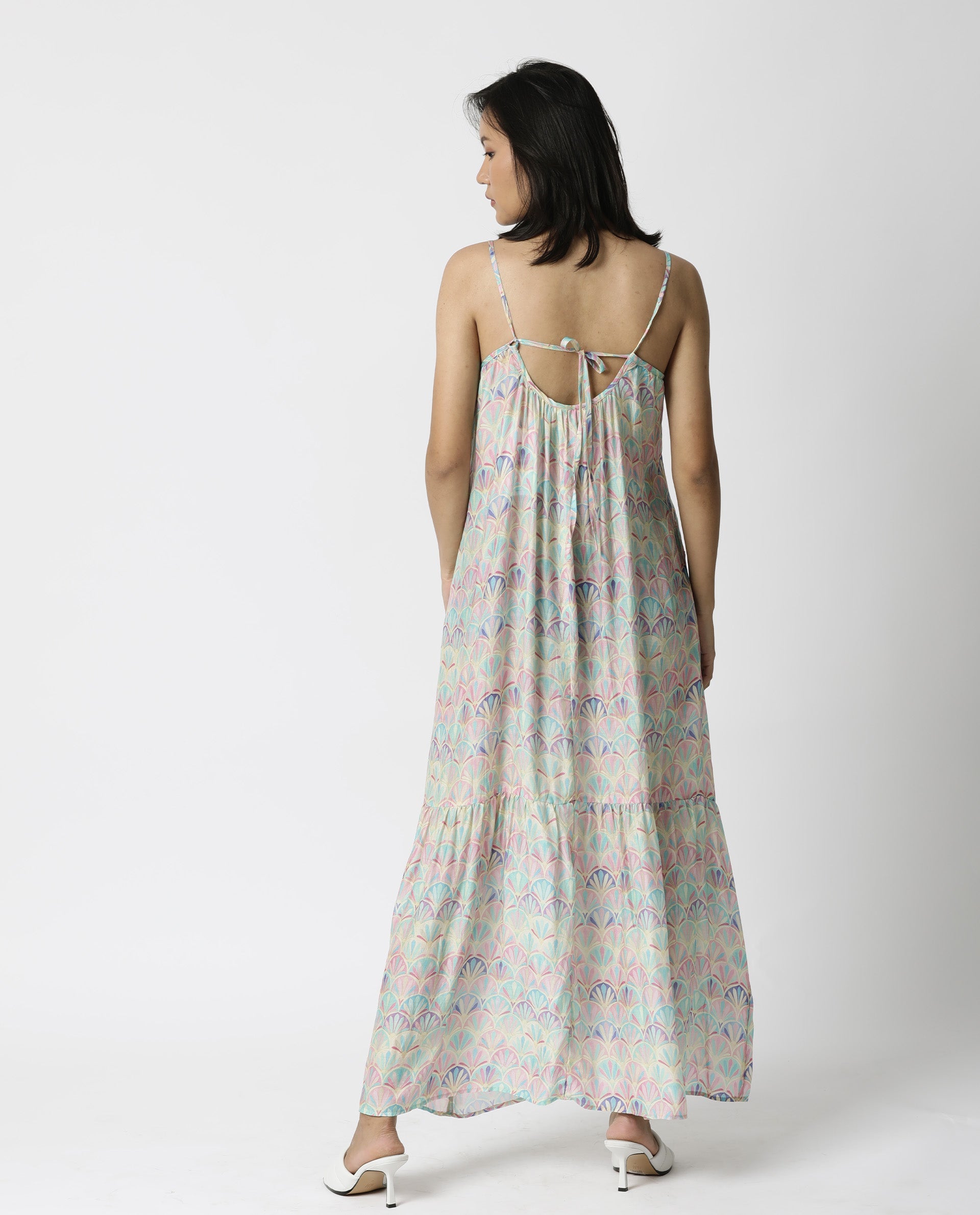 Rareism Women Prima Pink V Neck Spaghetti Back Tie Up Straps With Pockets Tiered Maxi Dress