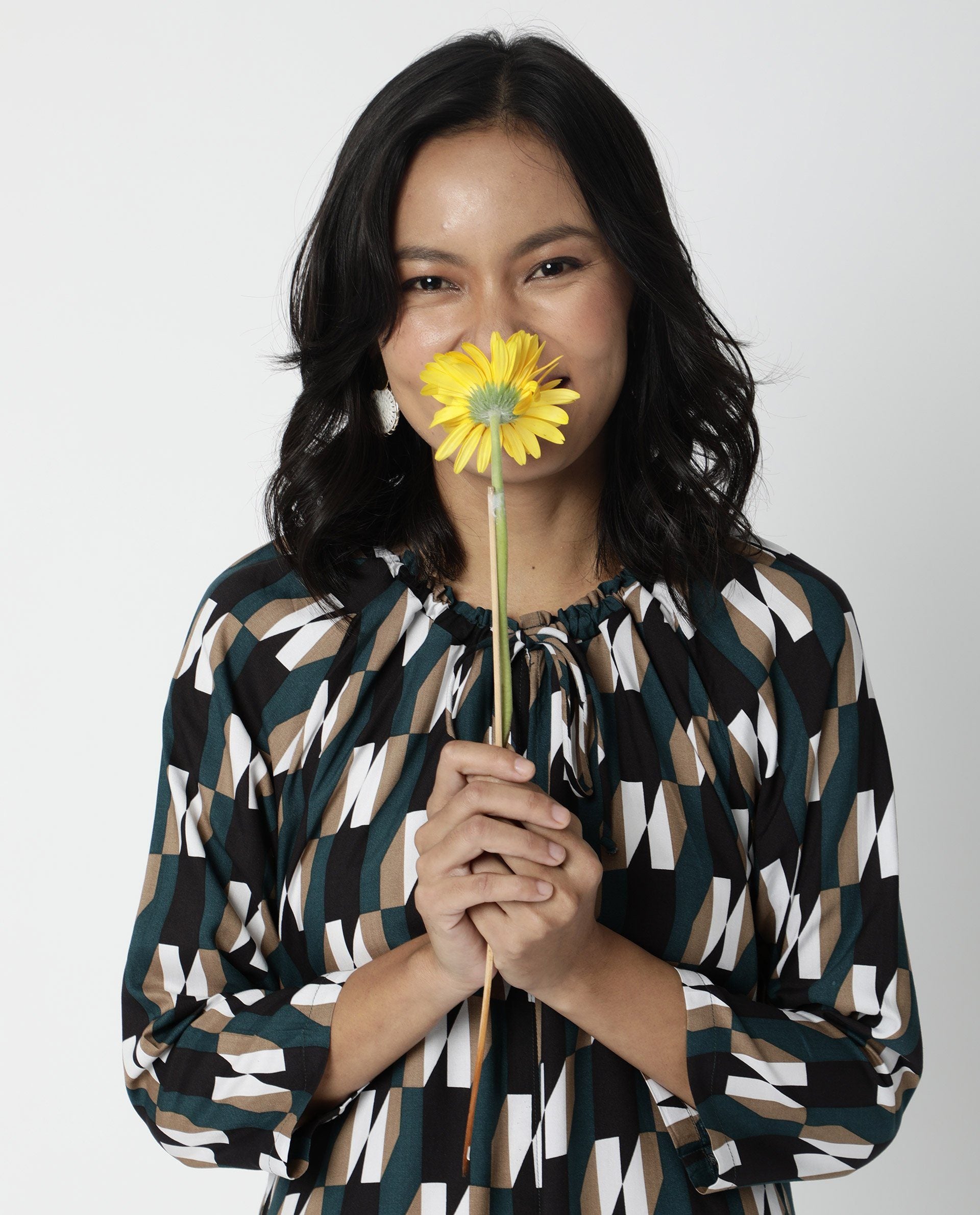 Rareism Womens Matan Green Dress Knee Length Boxy Fit Collar Neck Cotton Silk Fabric