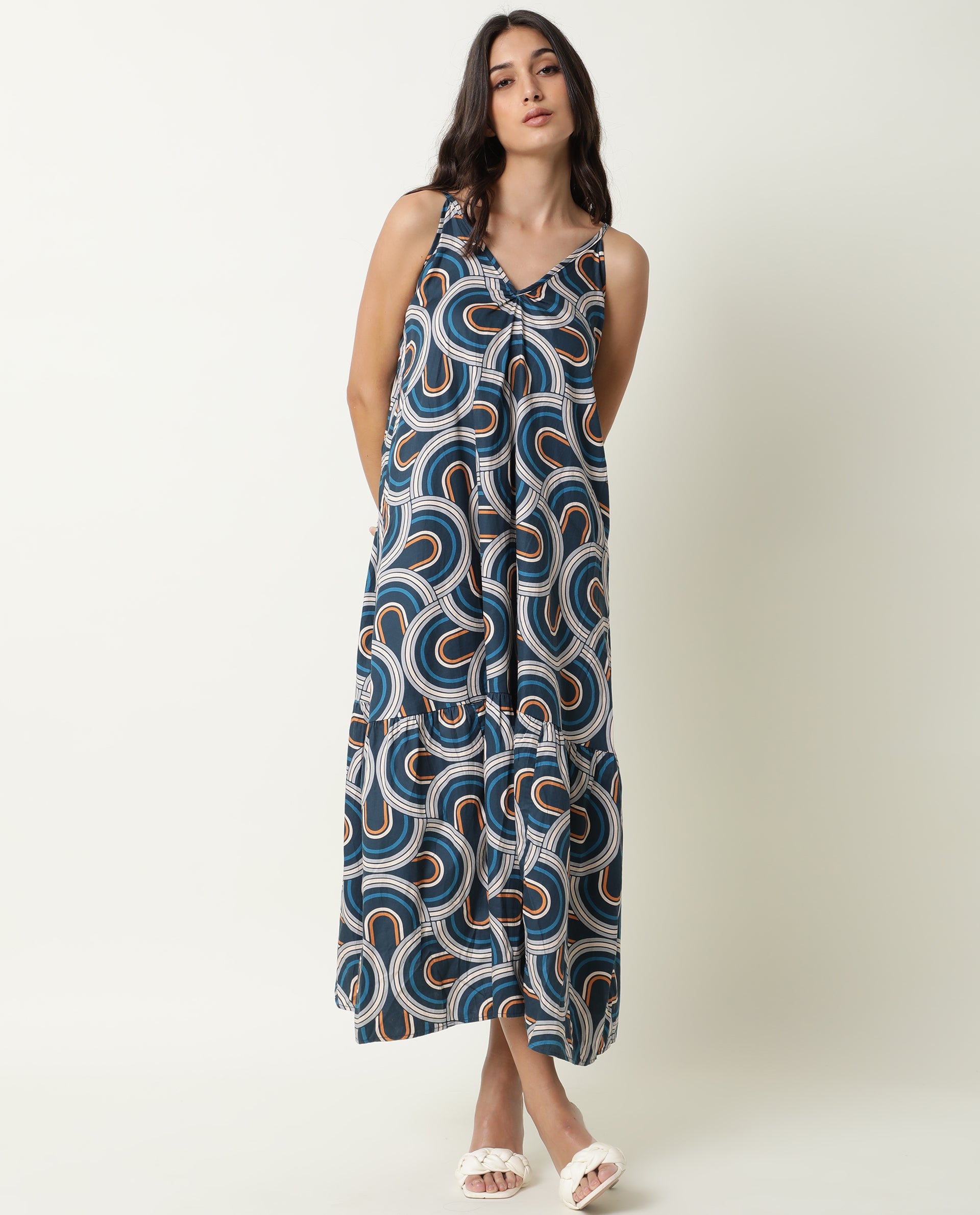 Rareism Women Botany Blue V Neck Spaghetti Straps With Tie Up At Back And Pockets Maxi Dress