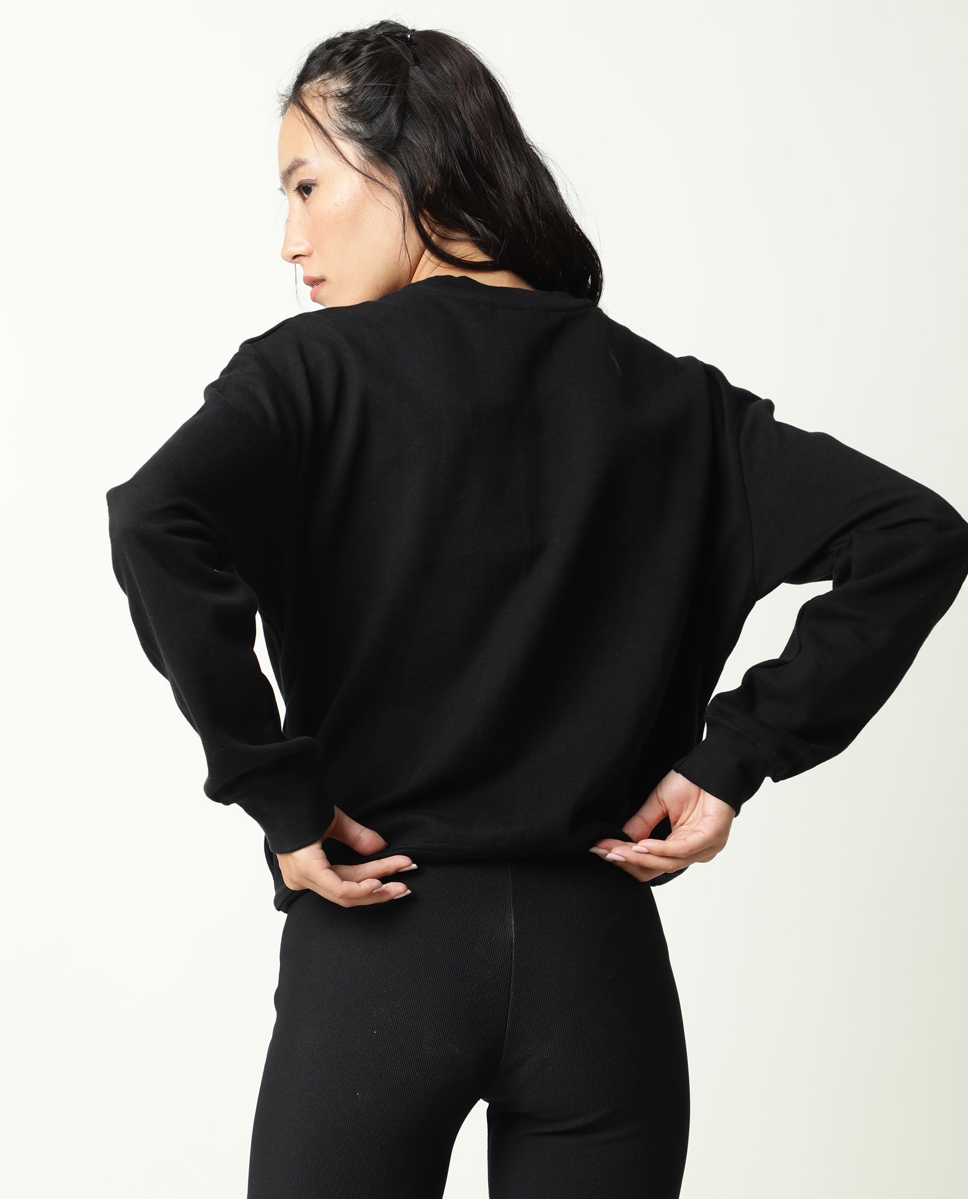 Rareism Womens Goldy Black Sweatshirt Crew Neck Full Sleeve Cotton Blend Fabric Relaxed Fit