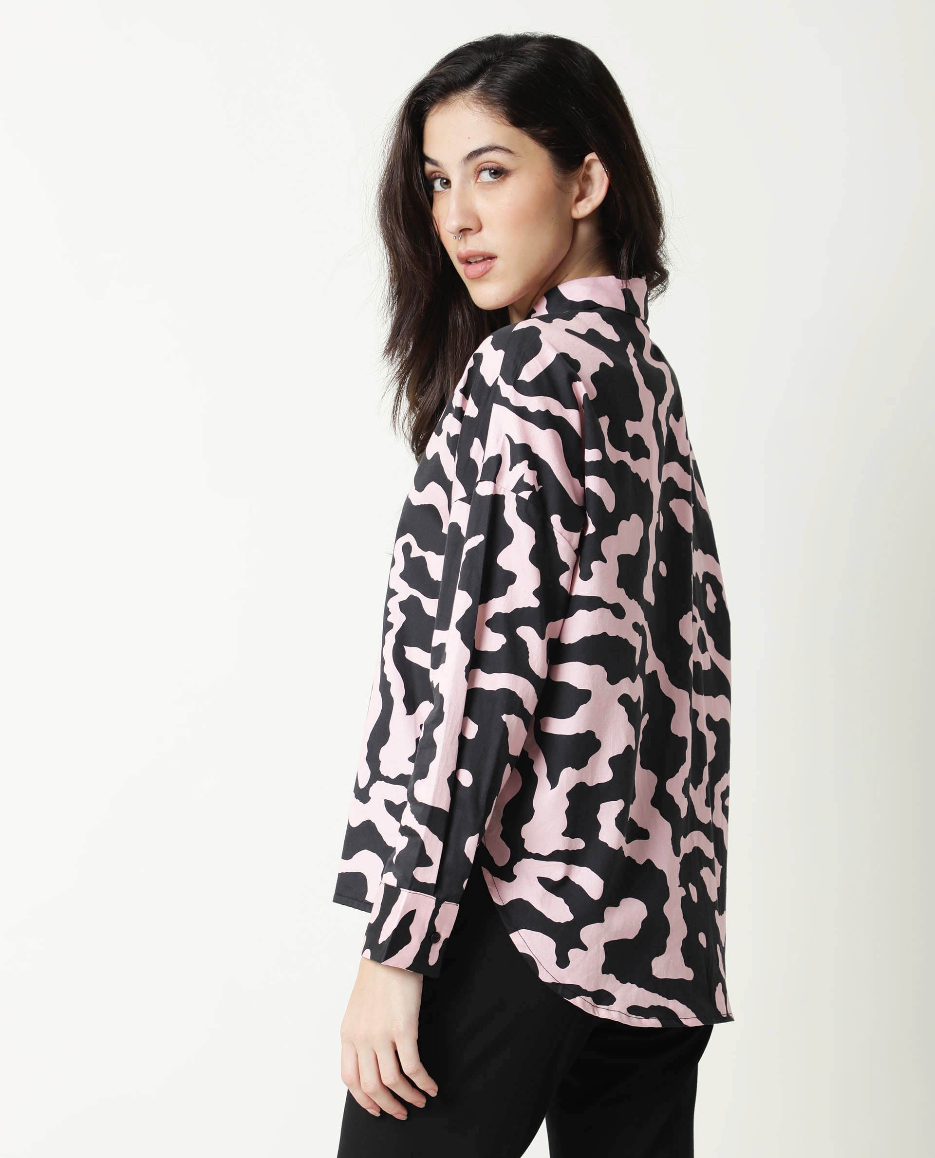 Rareism Women Revolt Black Cotton Linen Fabric Regular Fit Collarless Full Sleeves Abstract Print Top