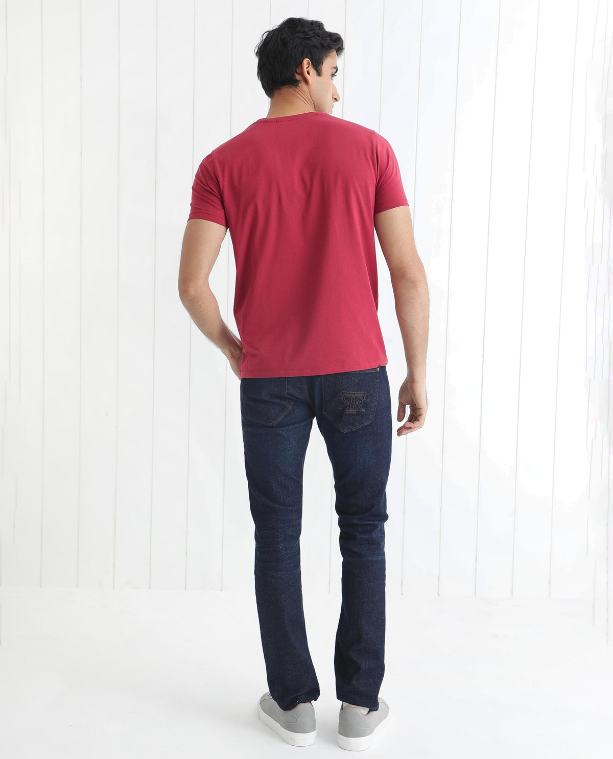 Rare Rabbit Men's Burke Dark Red Crew Neck Half Sleeves Velvet Branding Regular Fit T-Shirt