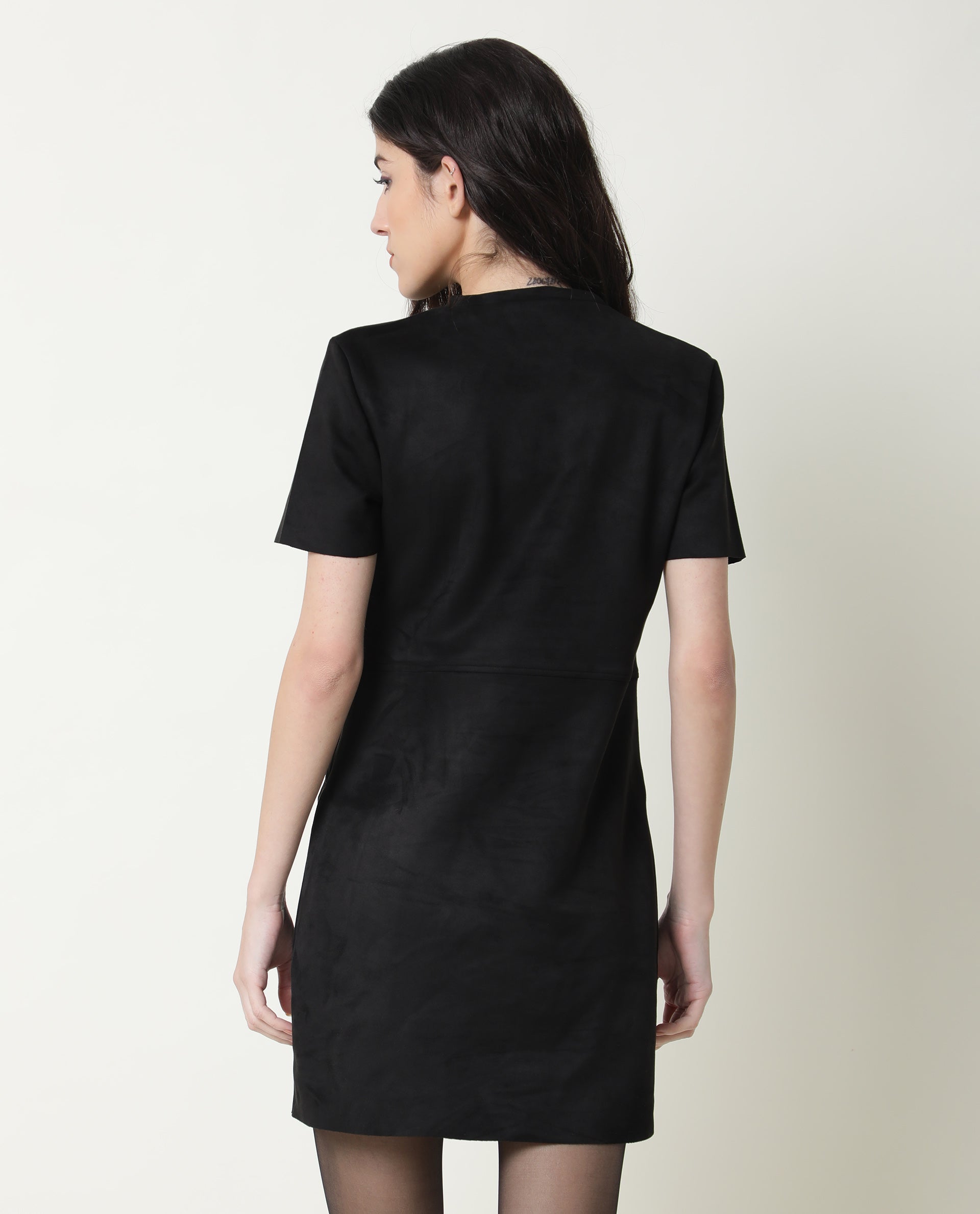 Rareism Women Sions Black Round Neck Short Sleeves Mini Dress