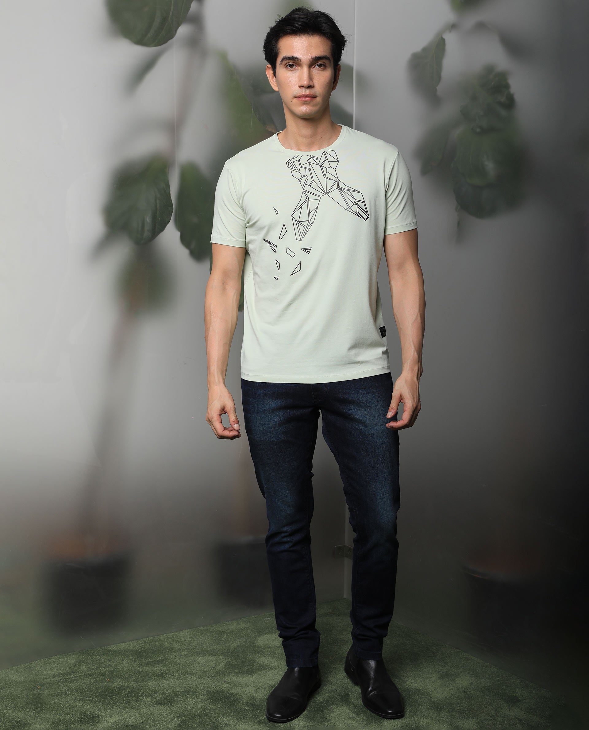 Rare Rabbit Men's Loginn Olive Crew Neck HD Print Logo Half Sleeves Regular Fit T-Shirt