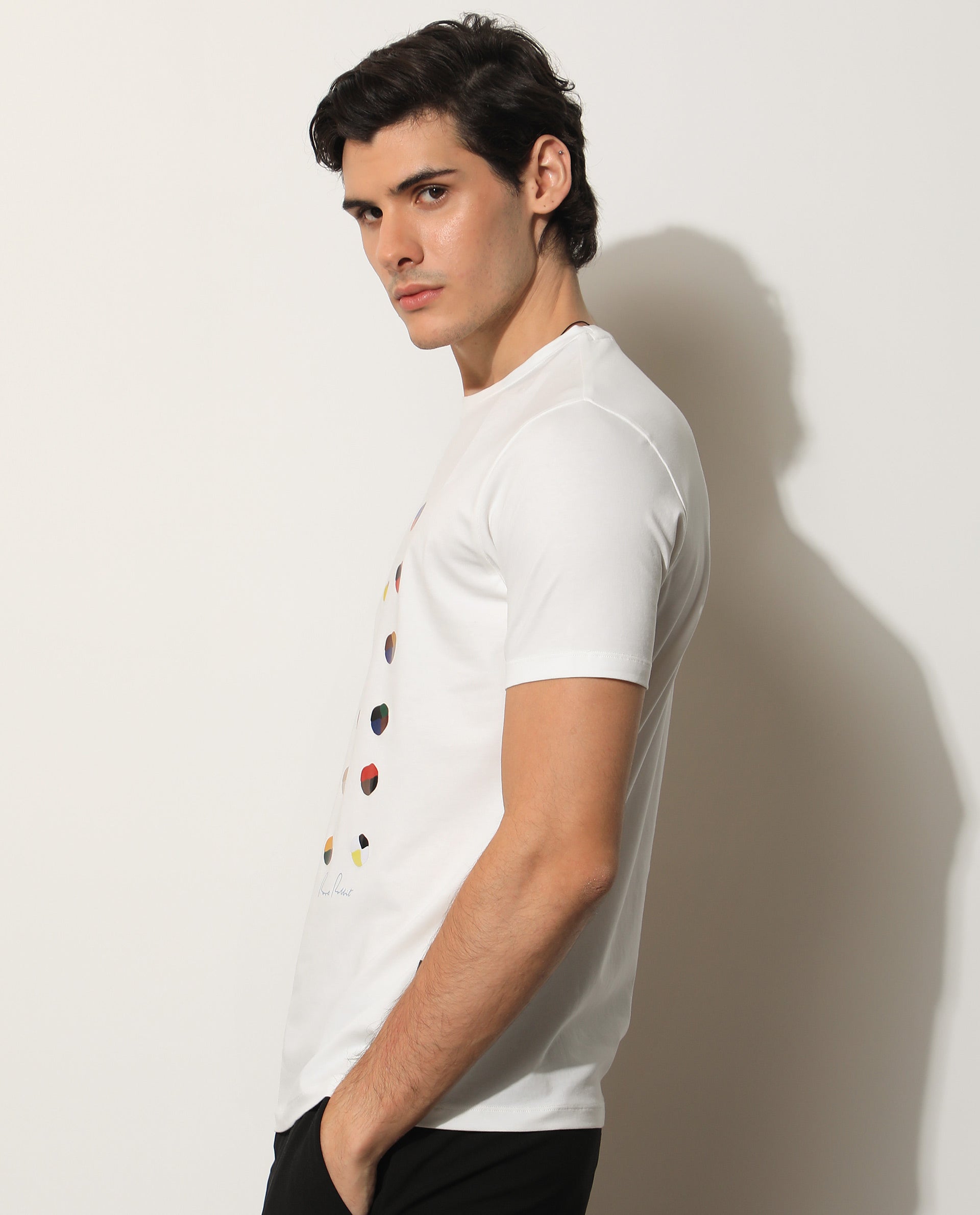 Rare Rabbit Men's Flips Off White Crew Neck Abstract Polka Print Half Sleeves Slim Fit T-Shirt
