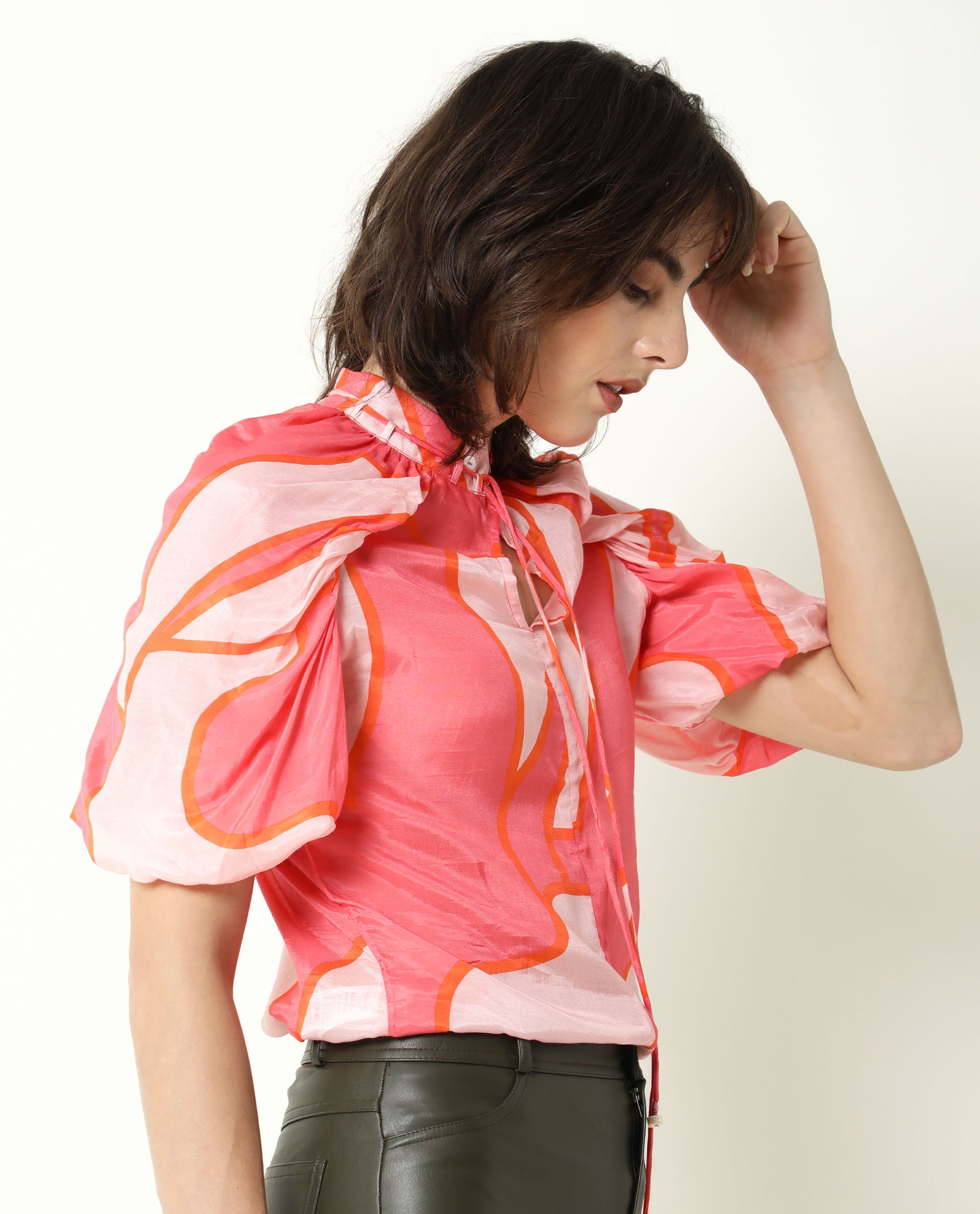 Rareism Women Theos Pink Cotton Silk Fabric Flared V-Neck Half Sleeves Abstract Print Top