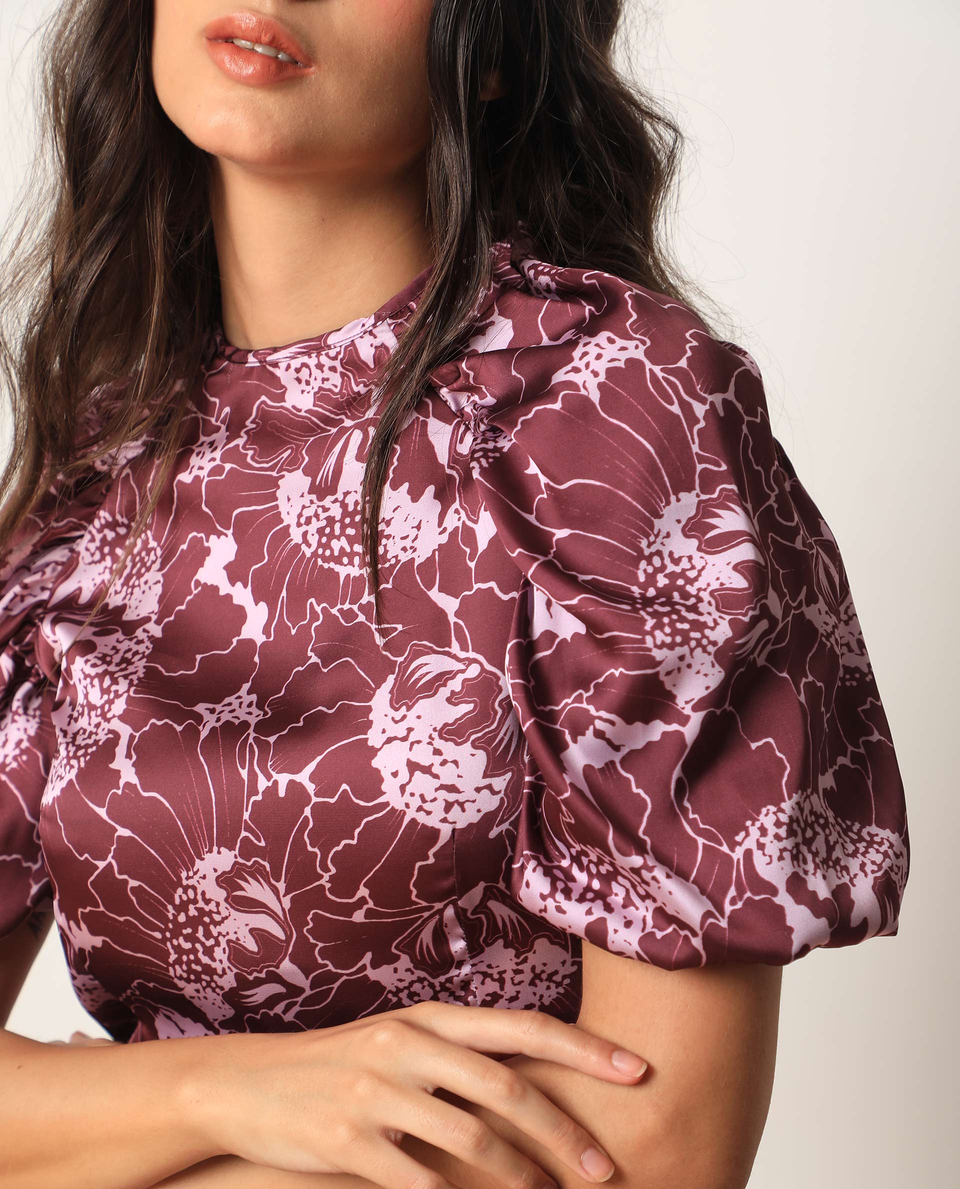 Rareism Women Christie Dark Maroon Polyester Fabric Short Sleeves Zip Closure Round Neck Puff Sleeve Slim Fit Floral Print Short Asymmetric Dress