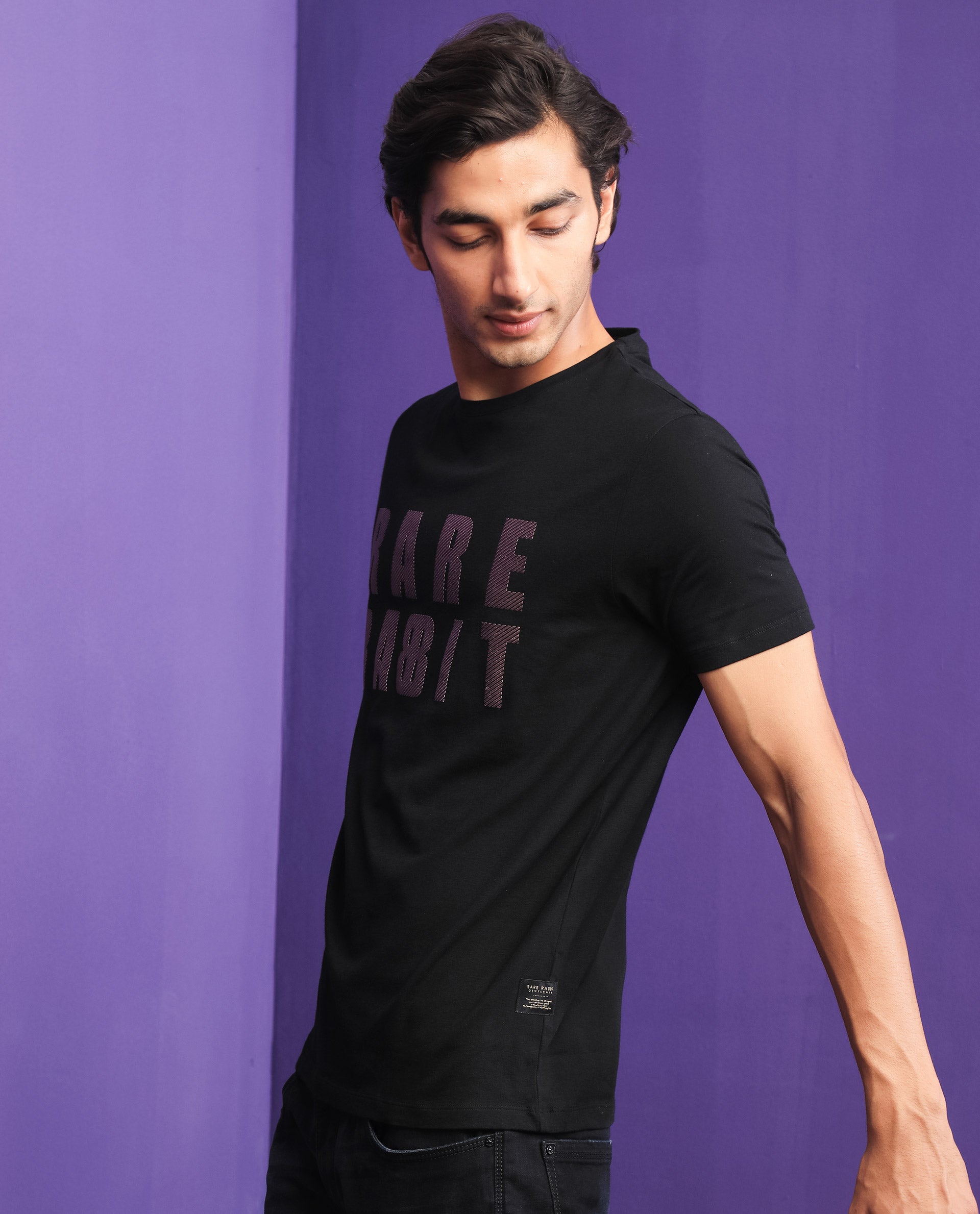 Rare Rabbit Mens Electricc Black Cotton Lycra Fabric Short Sleeves Crew Neck Slim Fit T-Shirt