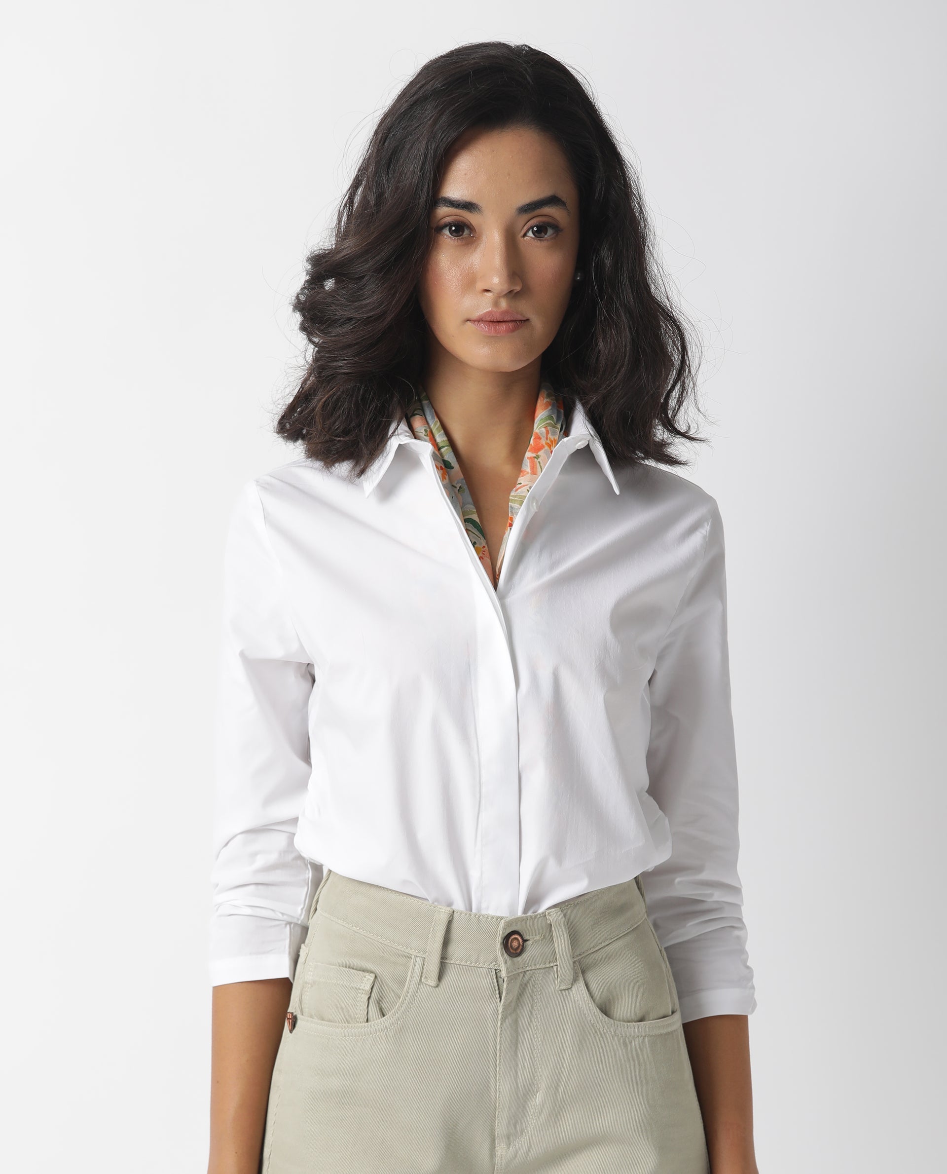 Rareism Women Cuddle White Cotton Lycra Fabric Regular Fit Shirt Collar 3/4Th Sleeves Solid Top