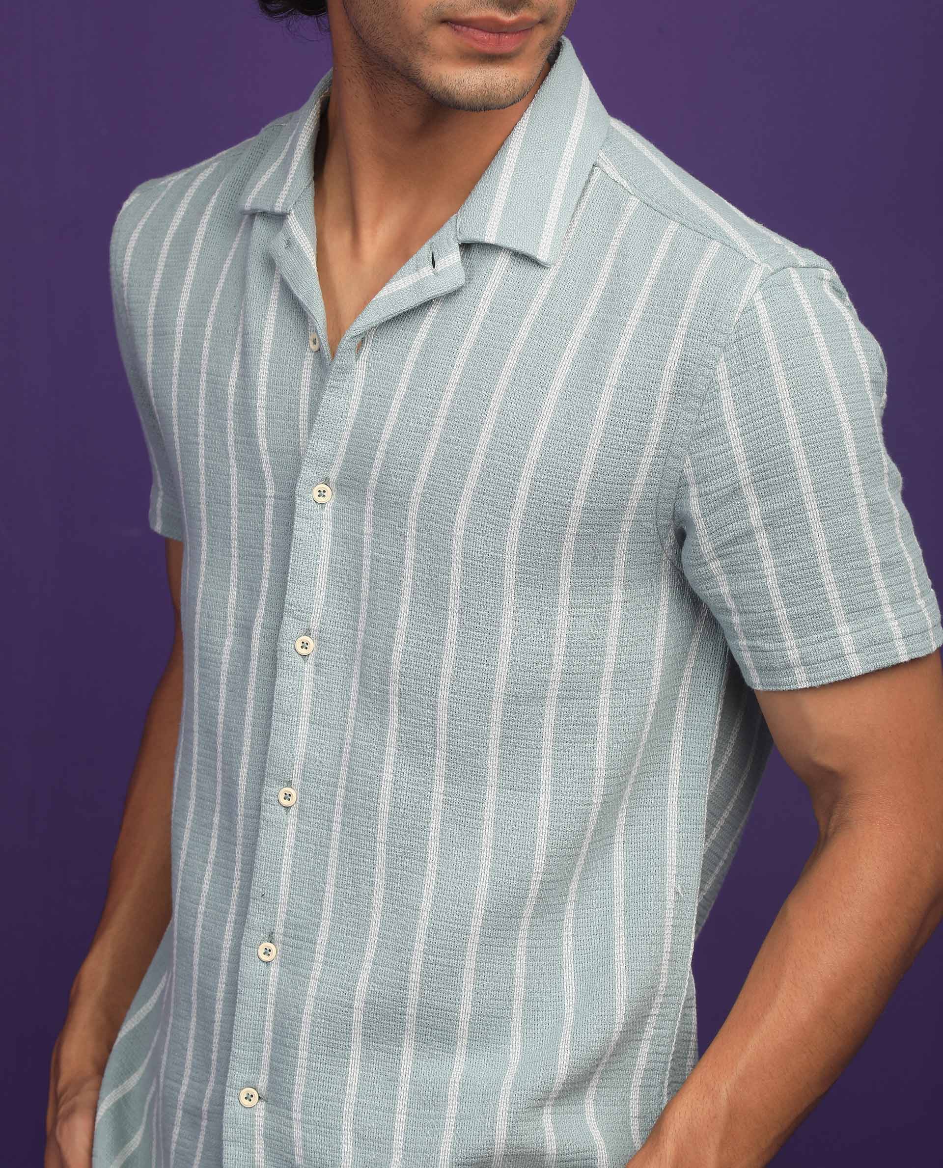 Rare Rabbit Men's Nanos Pastel Green Cotton Fabric Cuban Collar Half Sleeves Loosely Knit Stripe Shirt