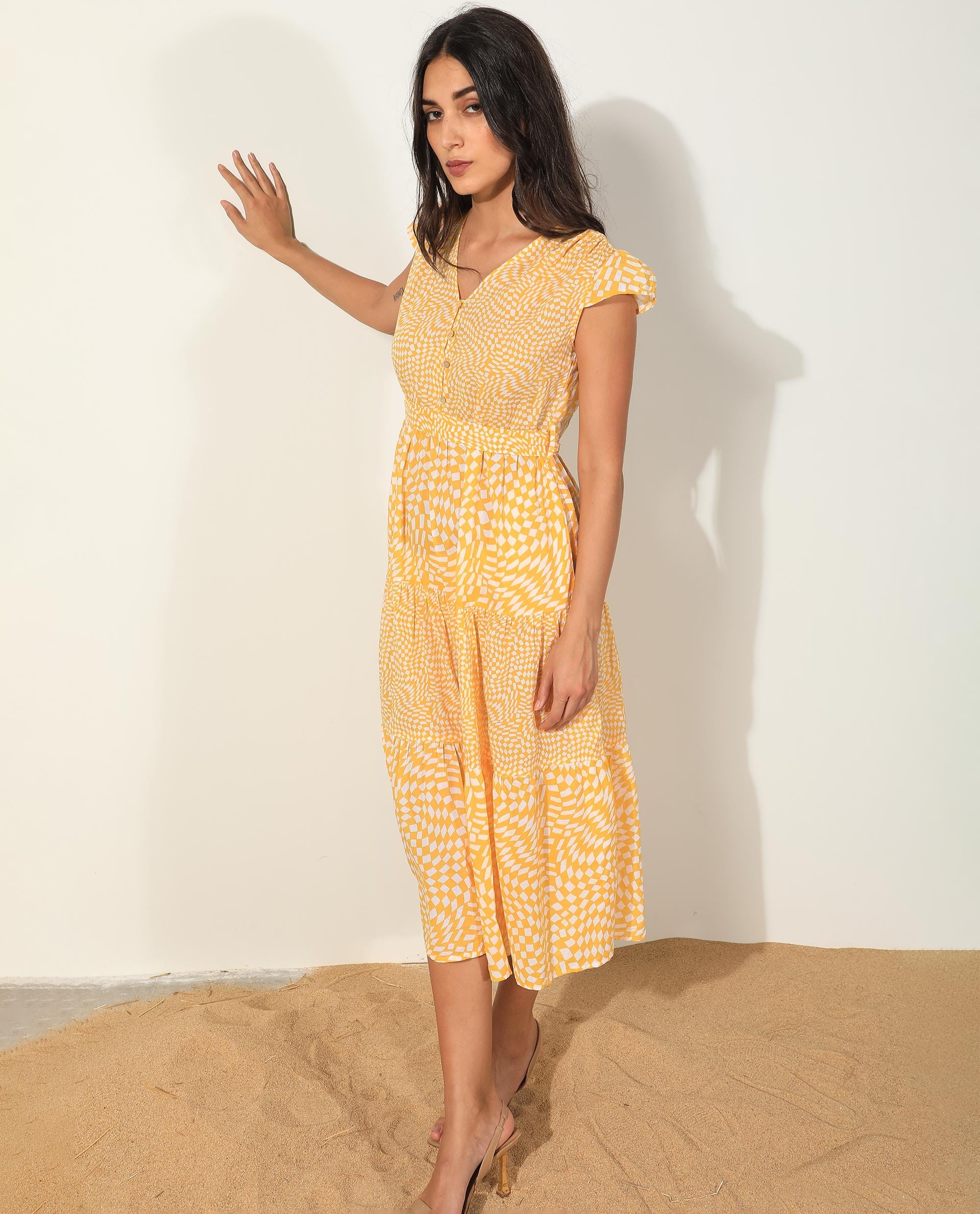 Rareism Women's Whitney Yellow Cotton Fabric V-Neck Button Closure Cape Sleeve Geometric Print Knee Length Dress