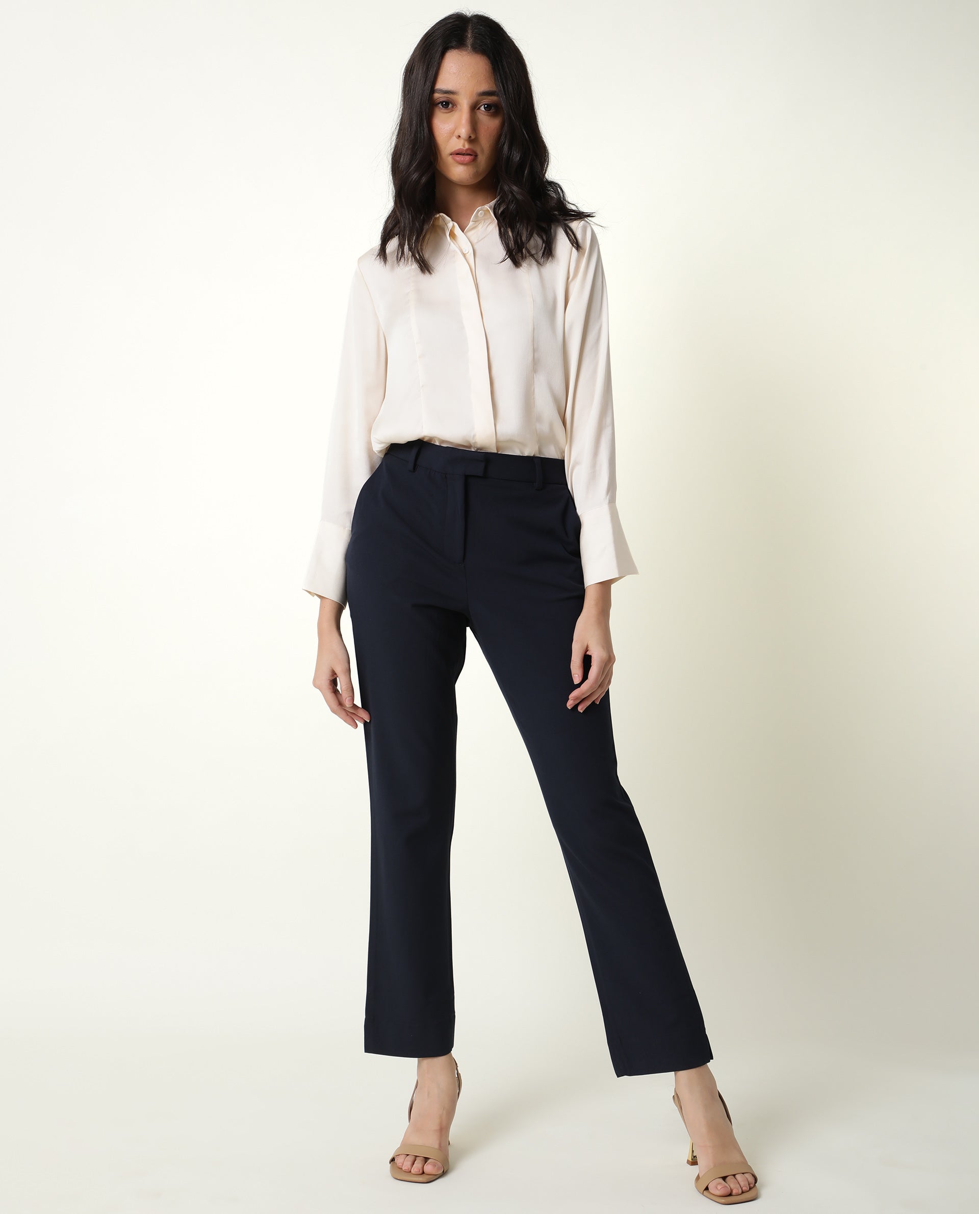Rareism Women Yard Navy Poly Cotton Fabric Boot Cut Mid Rise Solid Ankle Length Trousers