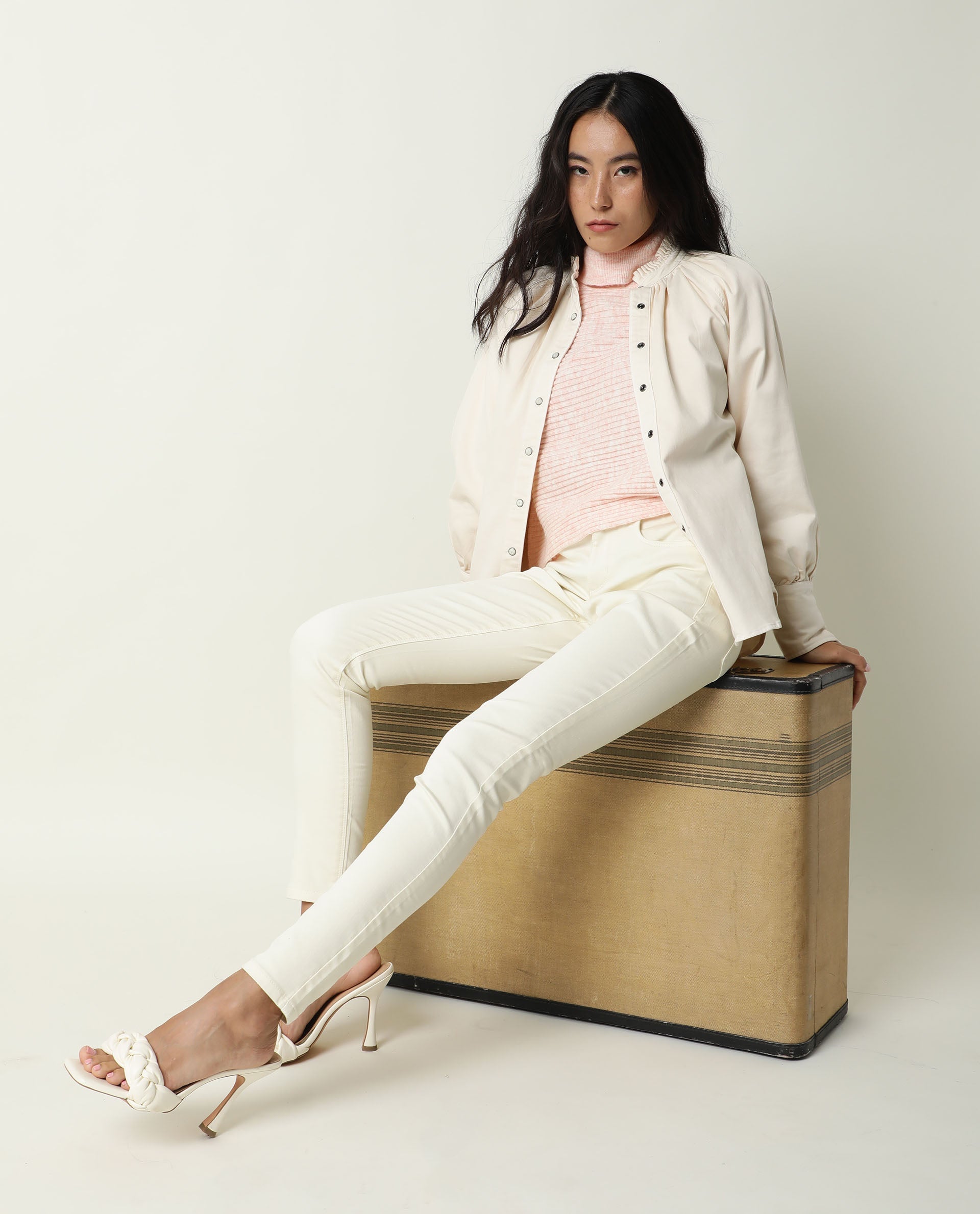 Rareism Women Bellona Off White Cotton Fabric Full Sleeves Solid Ruffled Neck Jacket