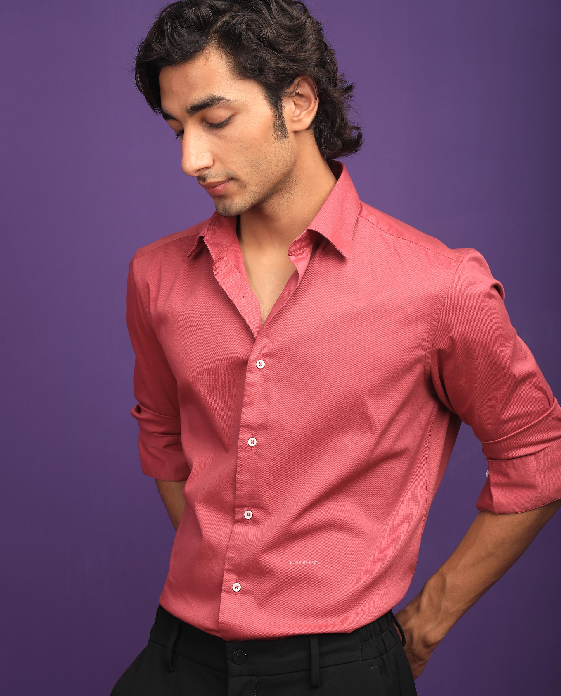 Rare Rabbit Mens Molde Dark Pink Cotton Fabric Full Sleeves Satin Shirt