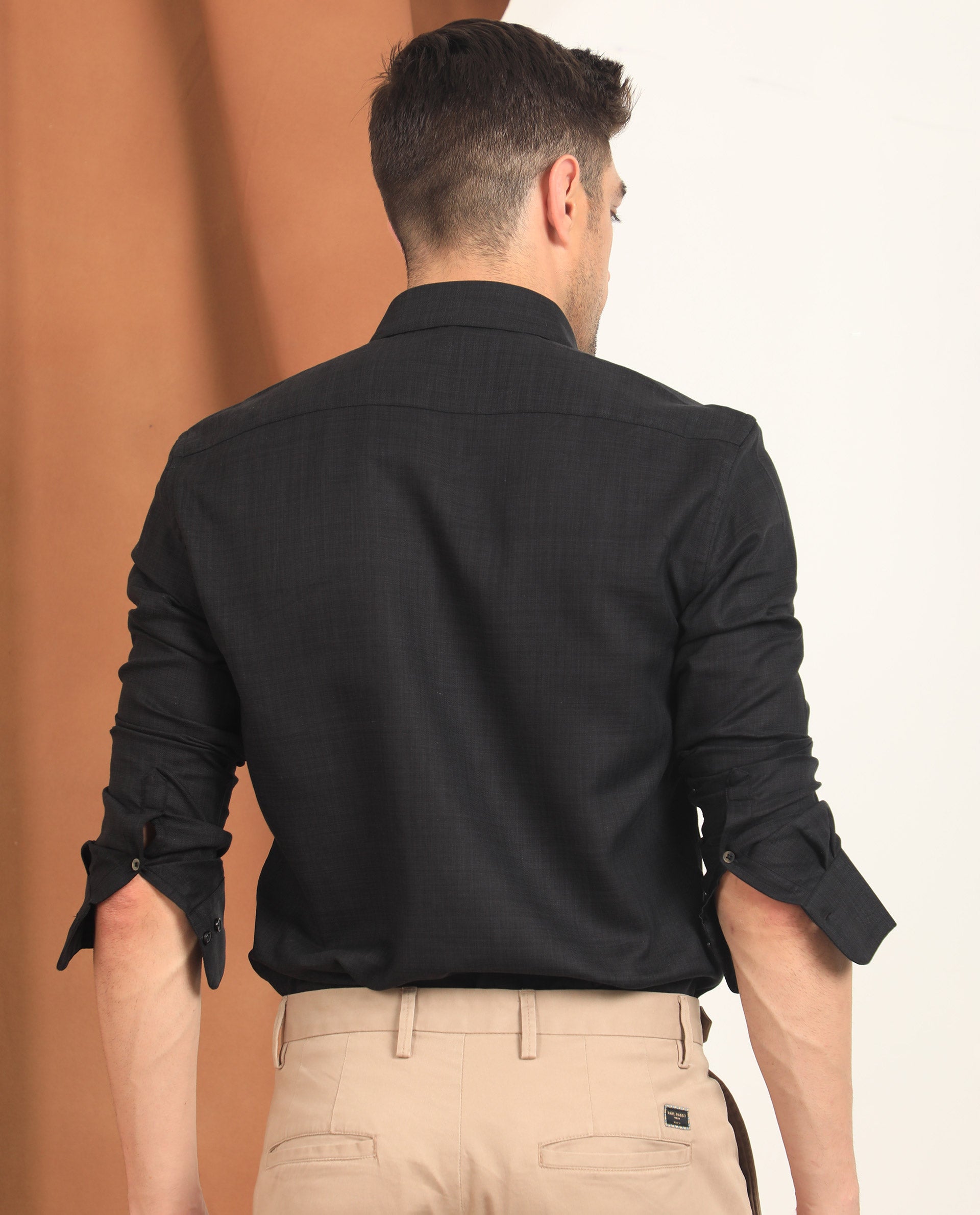 RARE RABBIT MEN'S SAFA LS BLACK SHIRT COTTON LYOCELL FABRIC COLLARED NECK FULL SLEEVES BUTTON CLOSURE