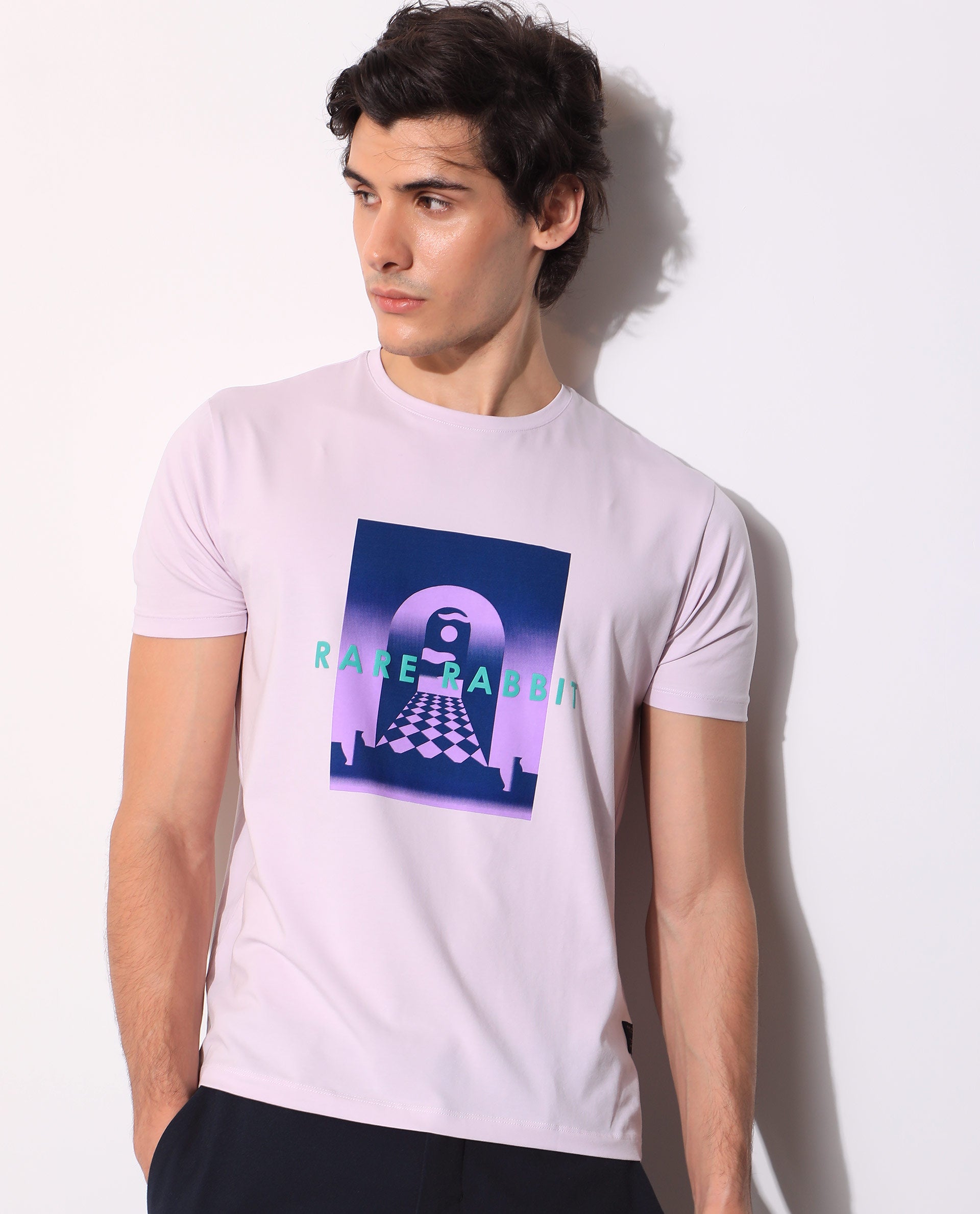 Rare Rabbit Men's Rives Pastel Purple Crew Neck Discharge and HD Print Branding Half Sleeves Slim Fit T-Shirt