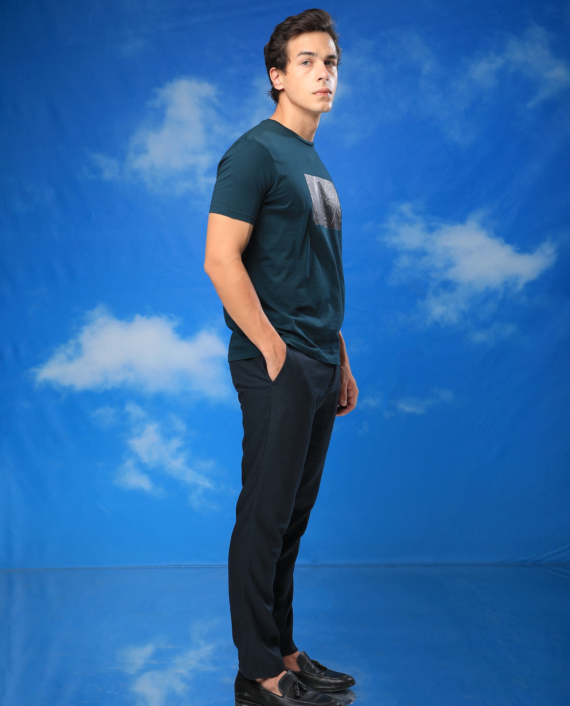 Rare Rabbit Men's Glams Green Crew Neck Abstract Graphic Logo Printed T-Shirt