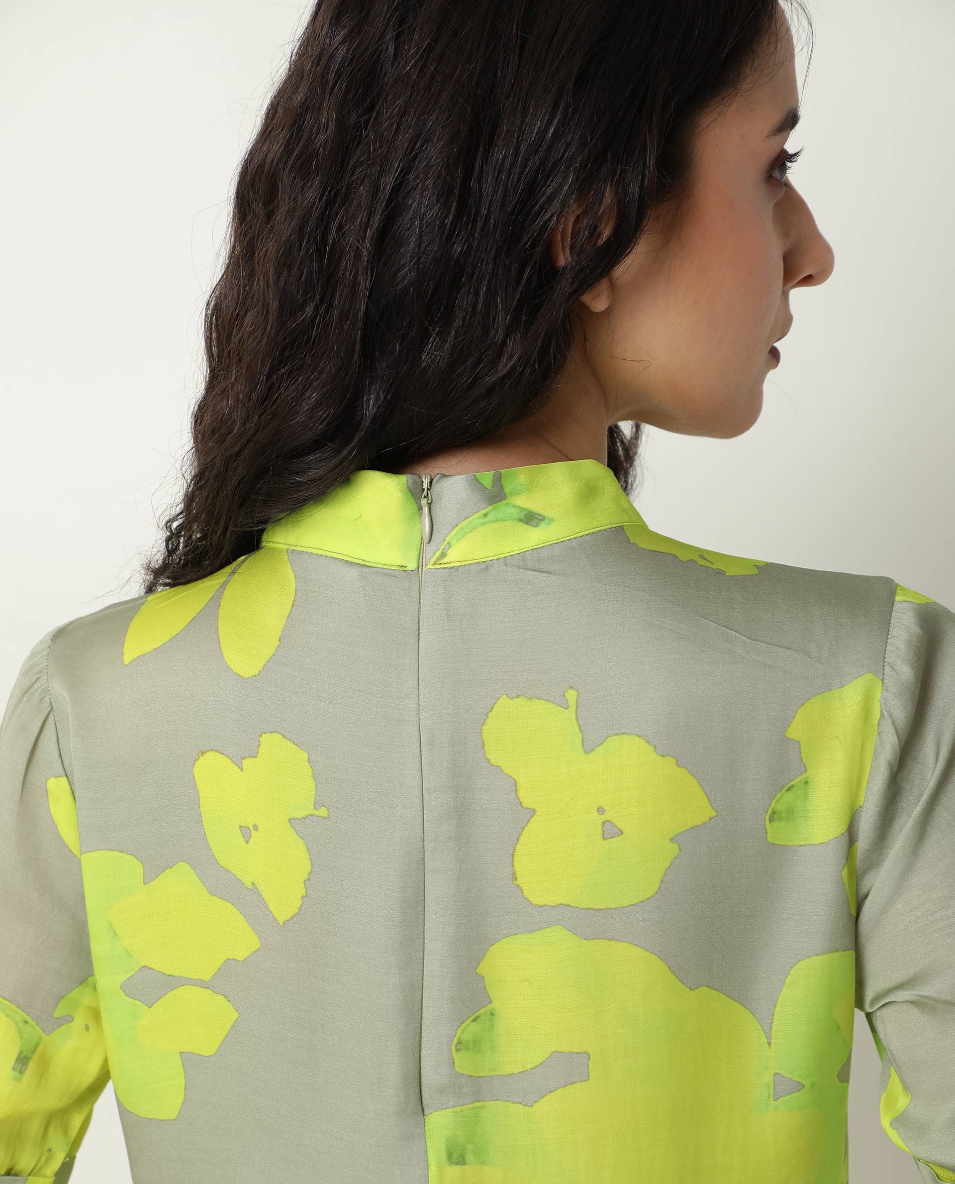 Rareism Women Sprite Yellow Floral Print Band Neck Short Sleeves With Pockets Asymmetric Hem Knee Length Dress