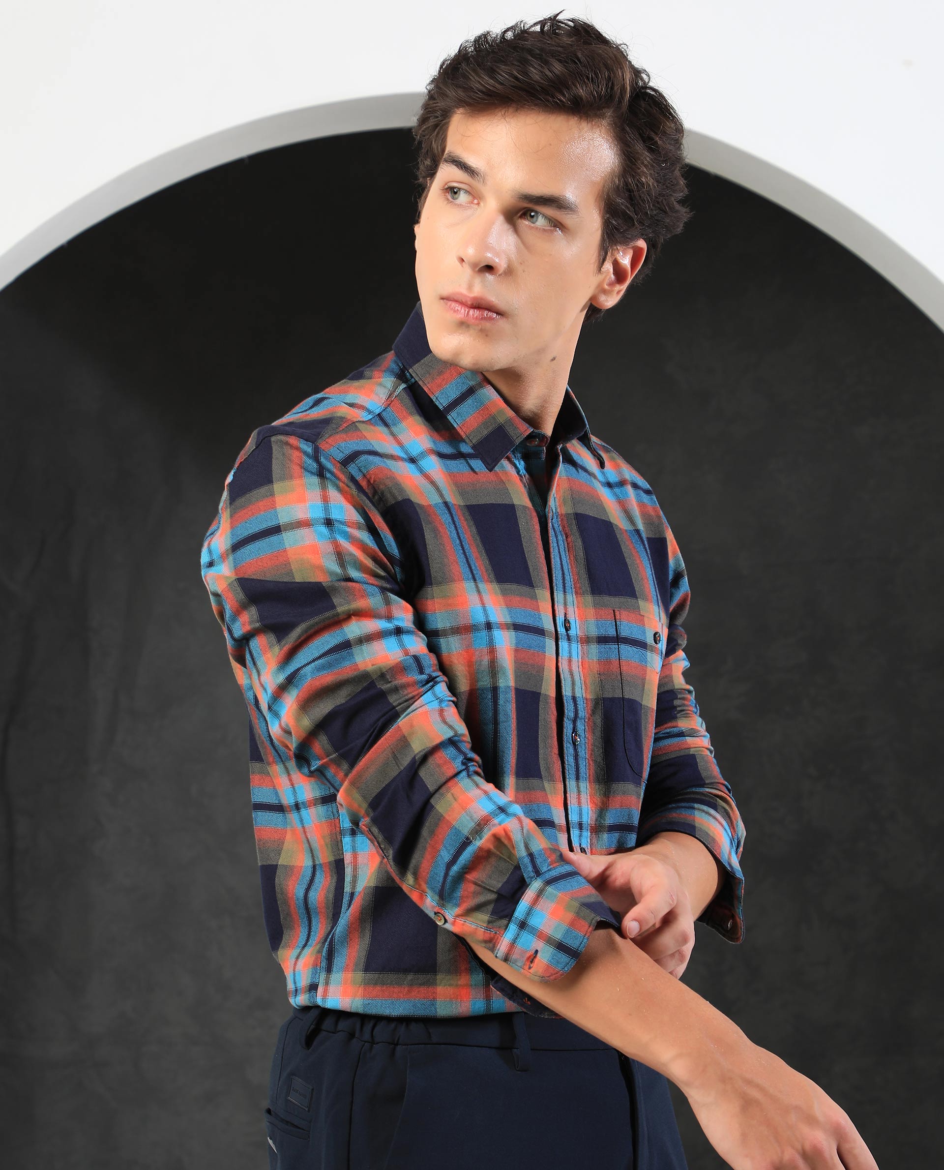 Rare Rabbit Men's Daneils Navy Cotton Fabric Full Sleeves Checks Shirt