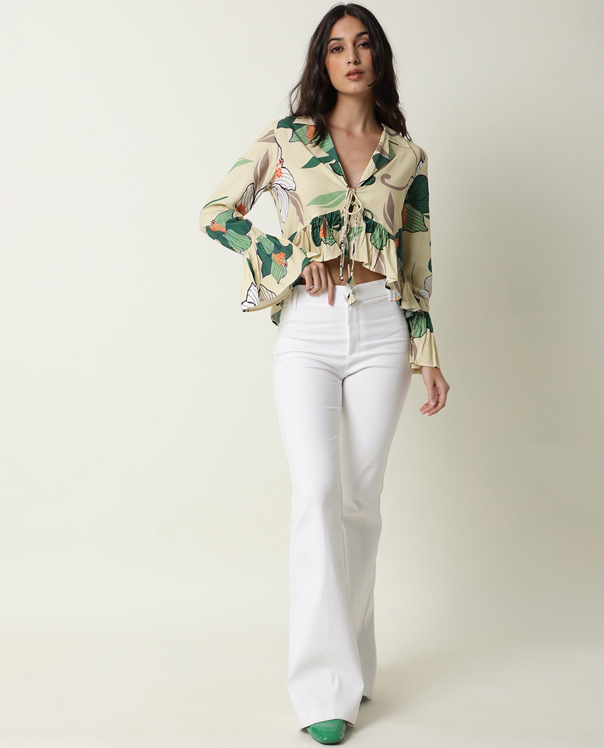 Rareism Women Tena Off White Viscose Fabric Full Sleeves Floral Print Lapel Neck Knee Length Shrug