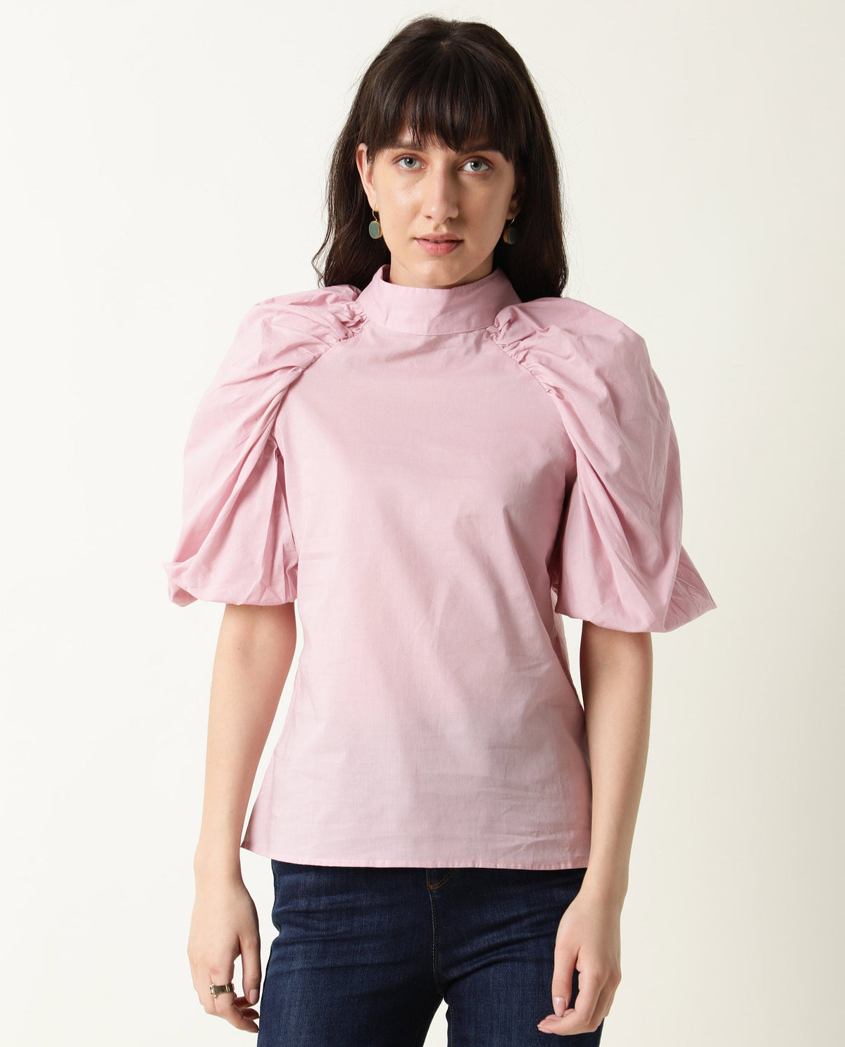 Rareism Womens Bobby Pink Top Cotton Fabric Half Sleeve High Neck