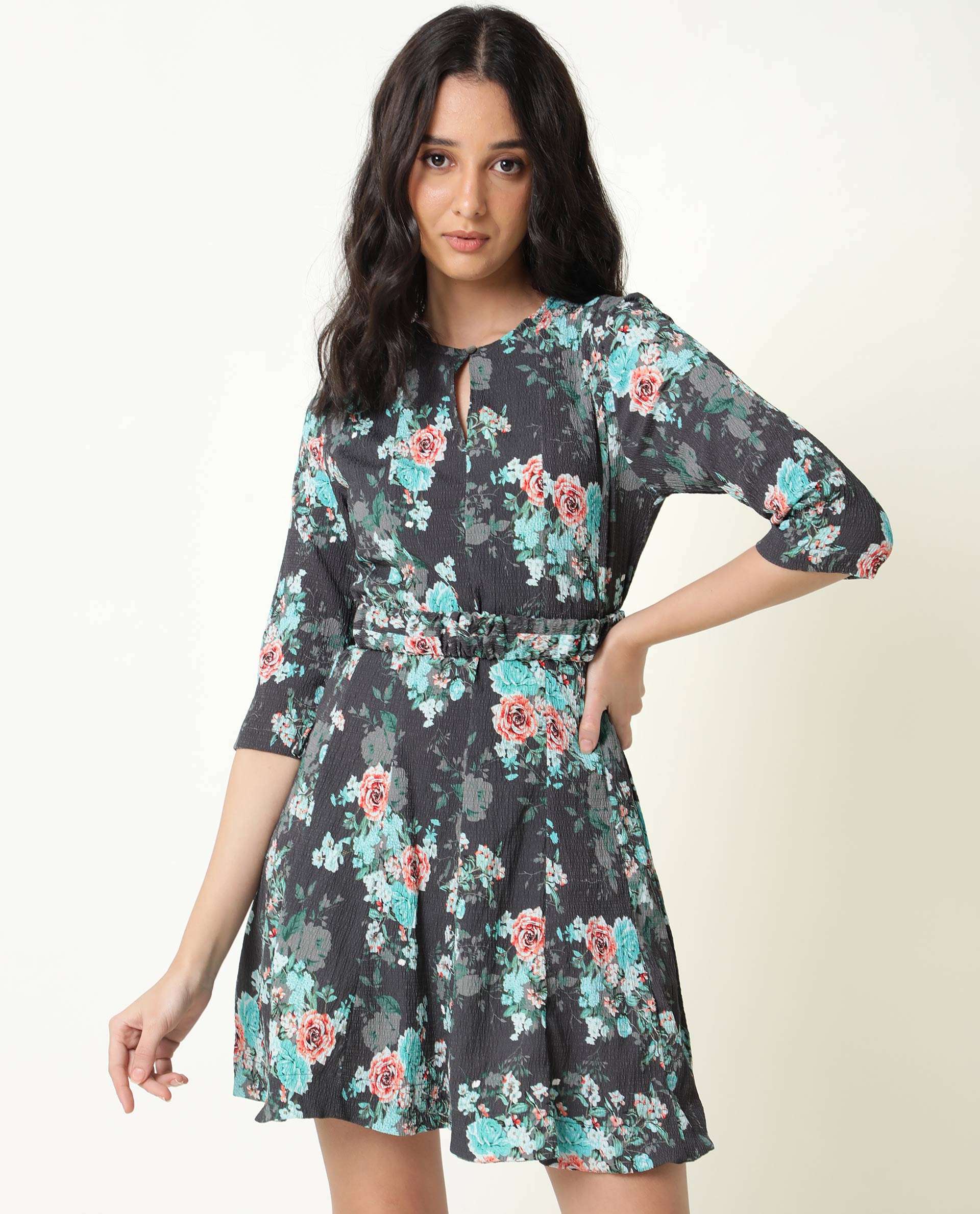 Rareism Women Vasec Grey Printed Boat Neck With Key Hole Button Closure Puff 3/4 Sleeves Elastic Waist Belt Mini Dress