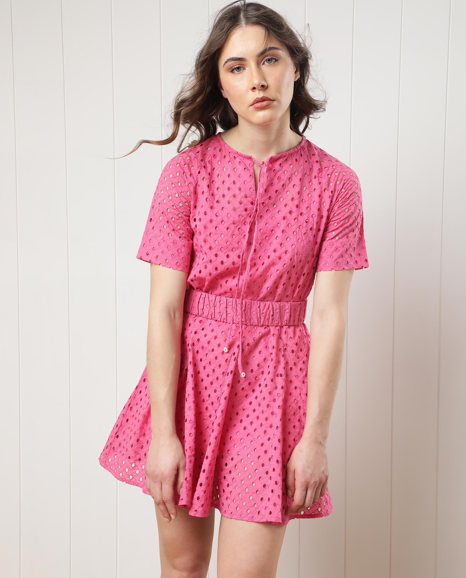 Rareism Women Bex Fluorescent Pink Schiffli Round Tie Up Neck With Short Sleeves And Elastic Belt At Waist Mini Dress