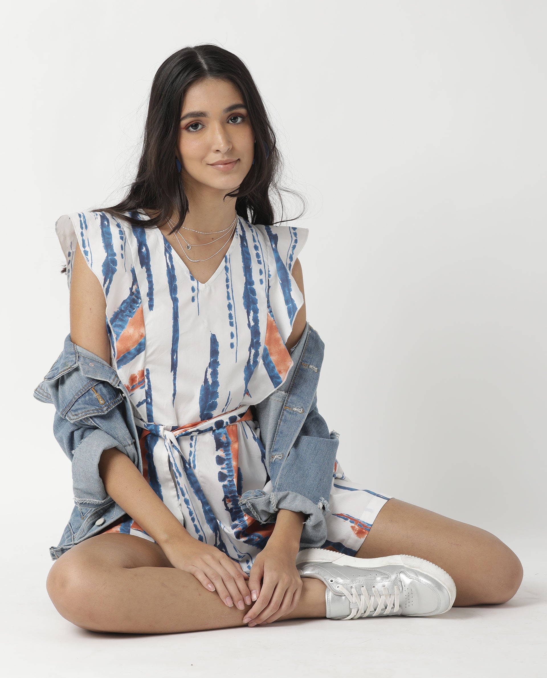 Rareism Women Camera Off White Cotton Fabric Regular Fit V-Neck Solid Playsuit