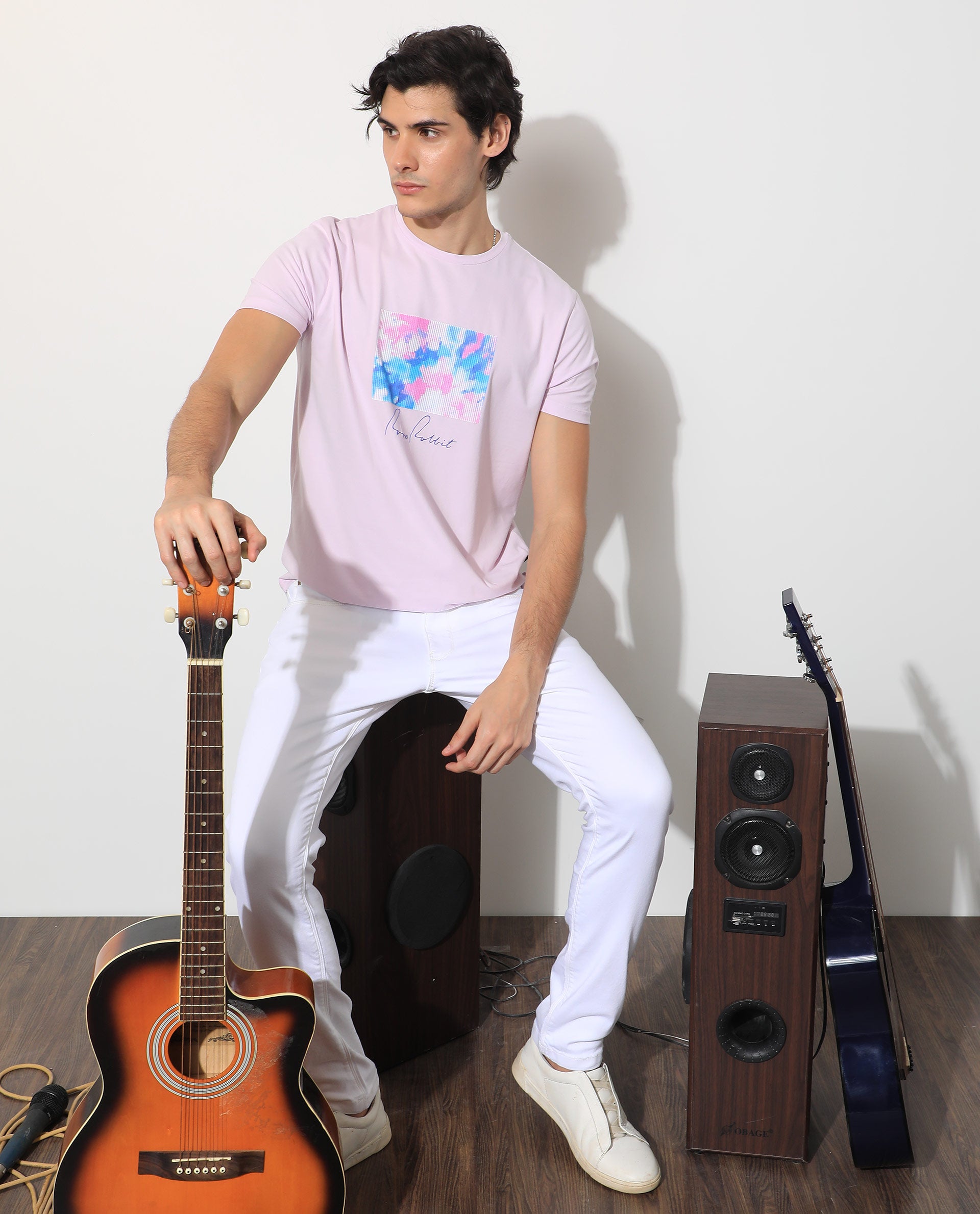 Rare Rabbit Men's Reed Pink Crew Neck Abstract Print With Branding Half Sleeves Slim Fit T-Shirt