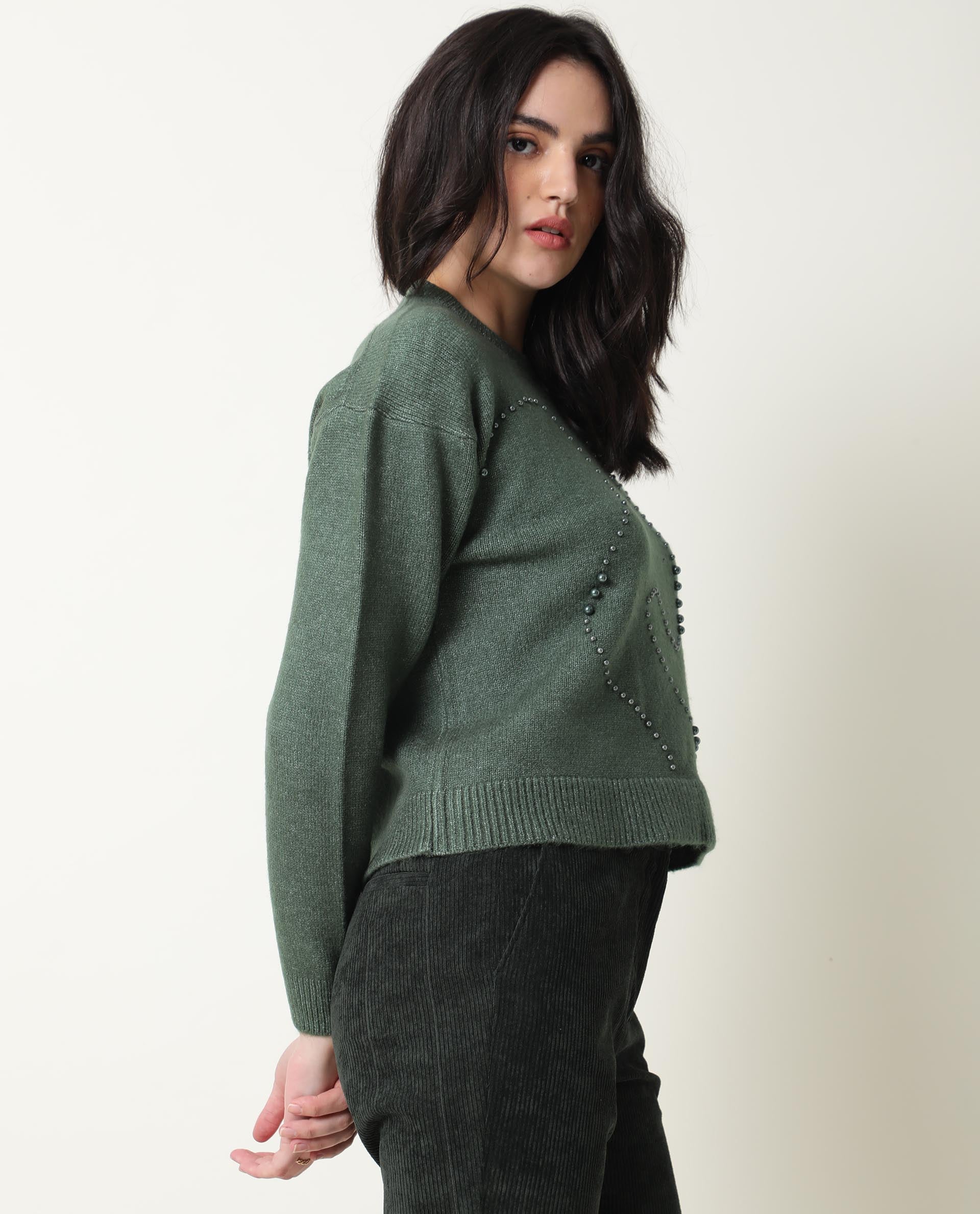 Rareism Women Tulsy Olive Acrylic Fabric Full Sleeves Knee Length Regular Fit Sequined Round Neck Sweater