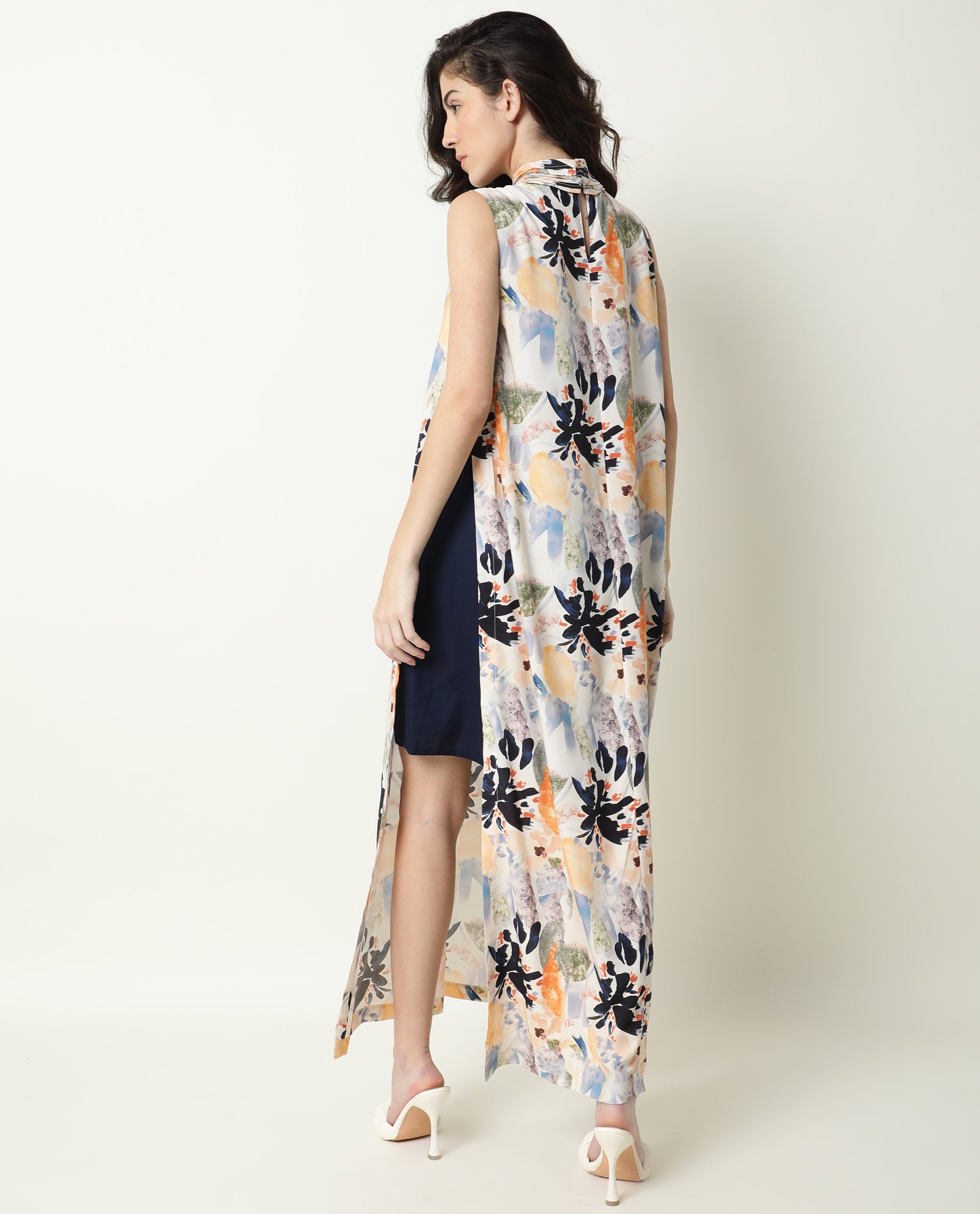 Rareism Women Isa Multi Abstract Print High Neck Band Collar With Ruffles Side Full Slit And Back Button Closure Maxi Dress