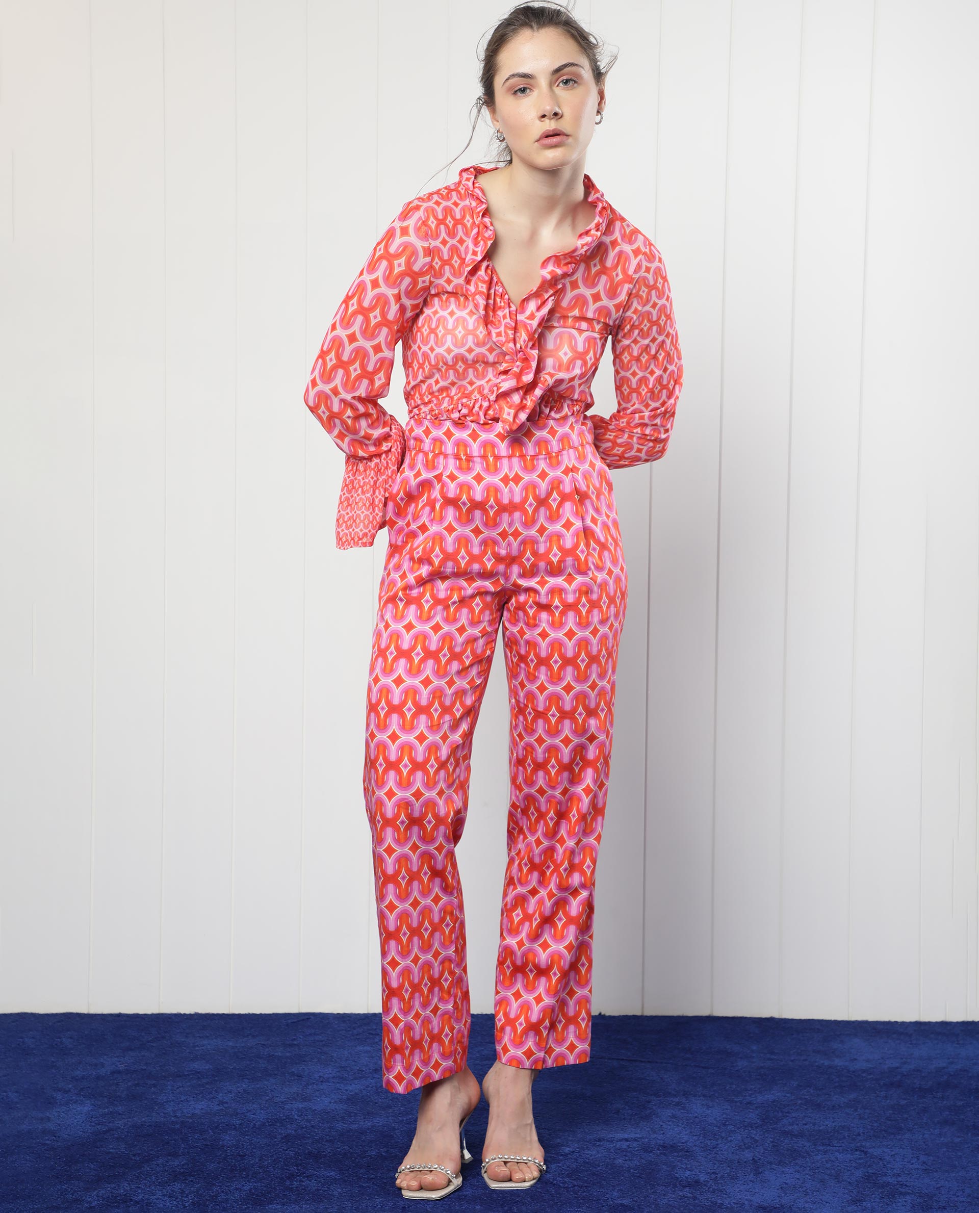 Rareism Women Cremon Orange Cotton Blend Fabric Regular Fit Geometric Print Ankle Length Trousers