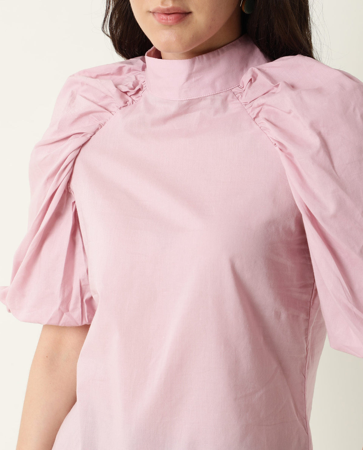 Rareism Womens Bobby Pink Top Cotton Fabric Half Sleeve High Neck